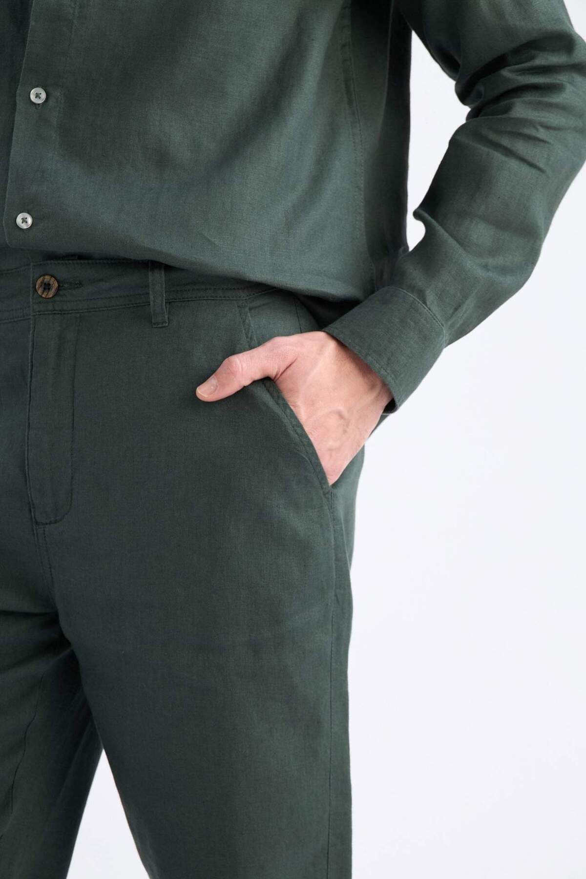 %100 Keten Relax Fit Düz Paça Yazlık Pantolon C1117AX25SP — خاکی C1117AX25SPBK81-218052 — تصویر 5 از 6