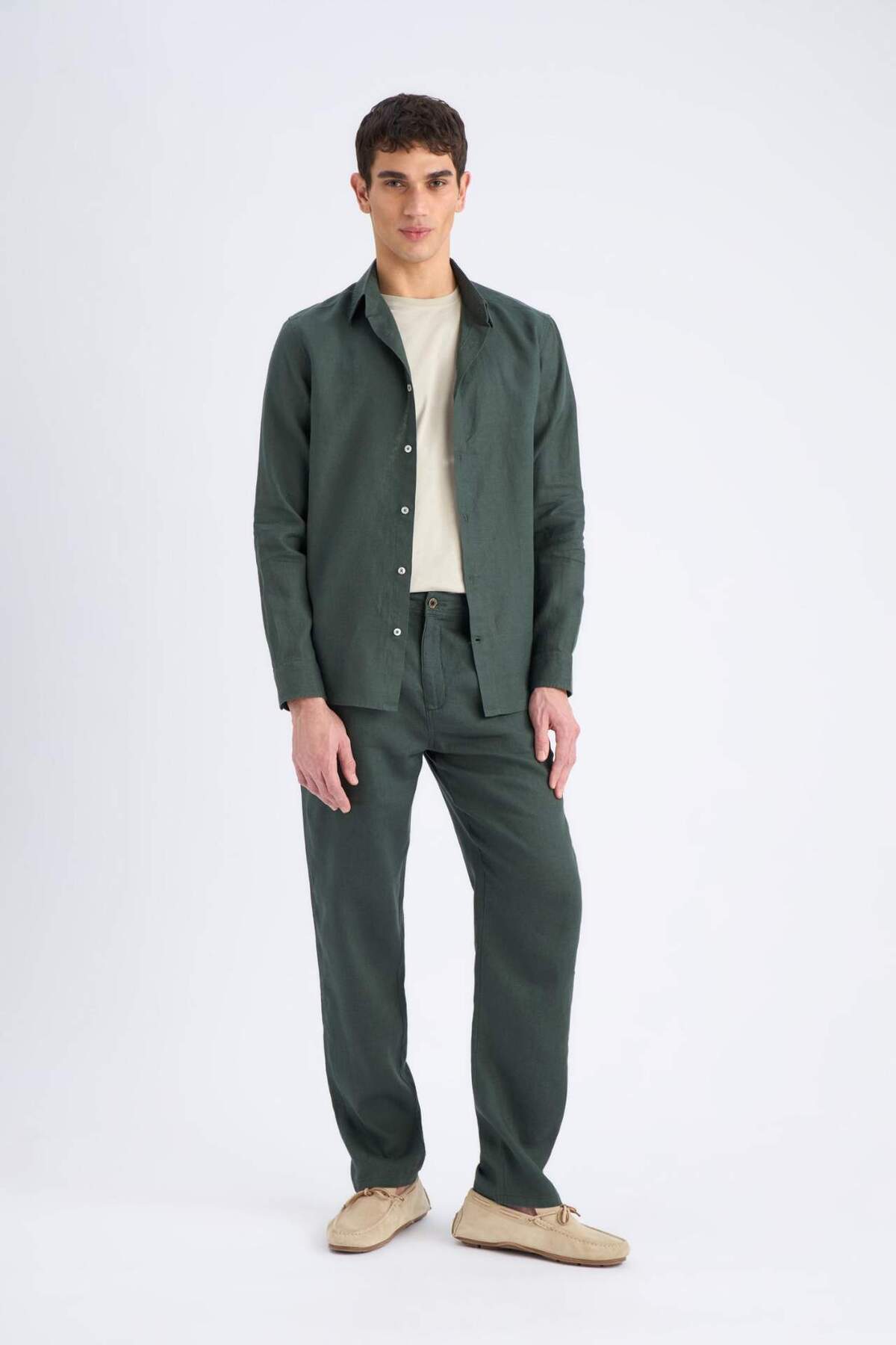 DeFacto %100 Keten Relax Fit Düz Paça Yazlık Pantolon C1117AX25SP — خاکی C1117AX25SPBK81-218052