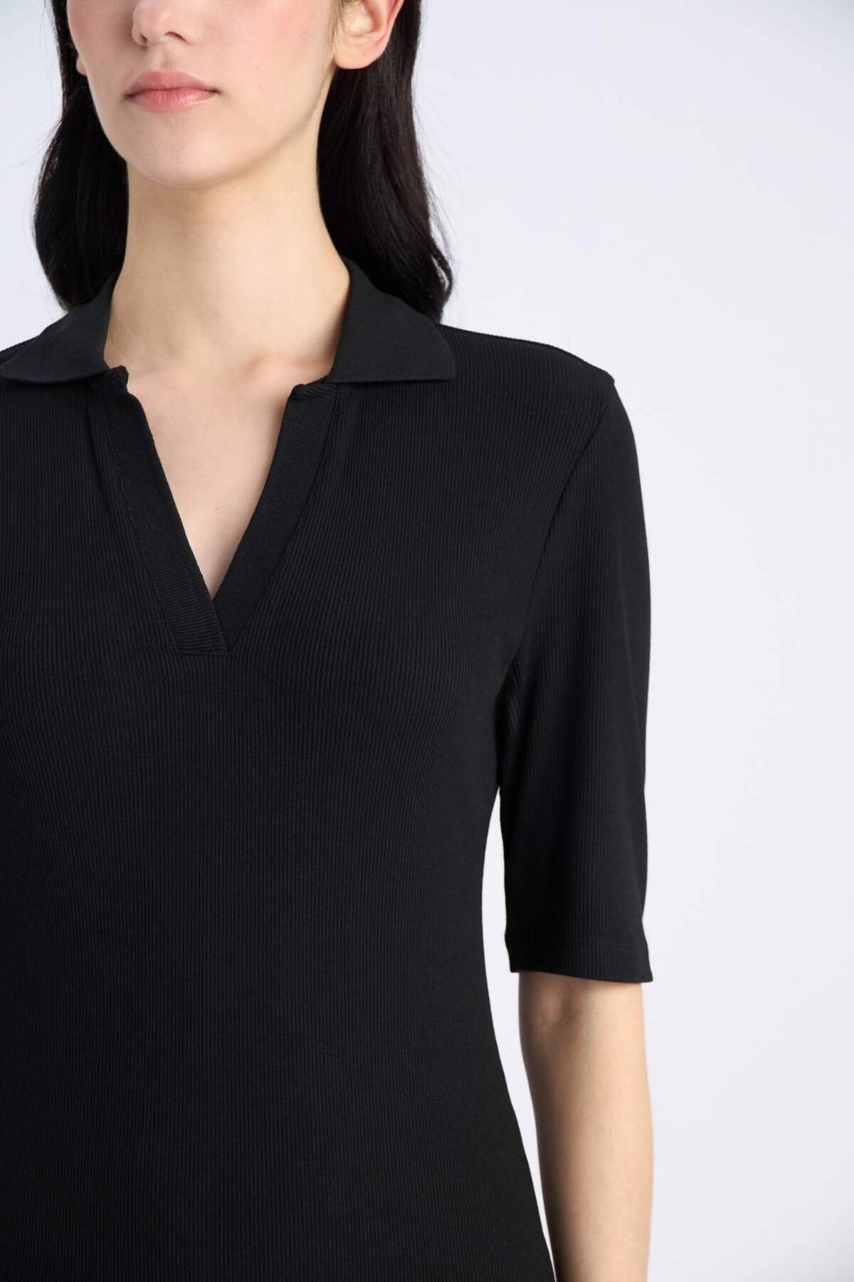 Defacto  Bodycon Vücudu Saran Polo Yaka Basic Düz Fitilli Kaşkorse Kısa Kollu Midi Elbise E6806AX25SP - Görsel 5