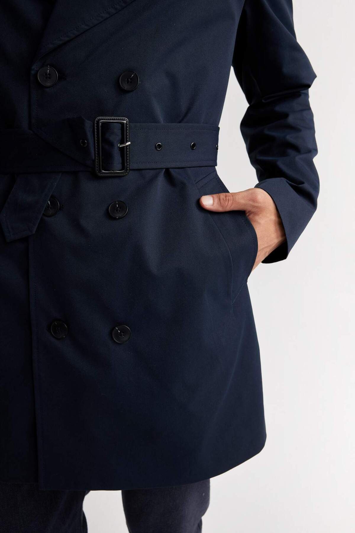 Defacto  Slim Fit Dar Kesim Astarlı Düğmeli Cepli Kemerli Mevsimlik Baharlık Trençkot D5528AX25SP - Görsel 8