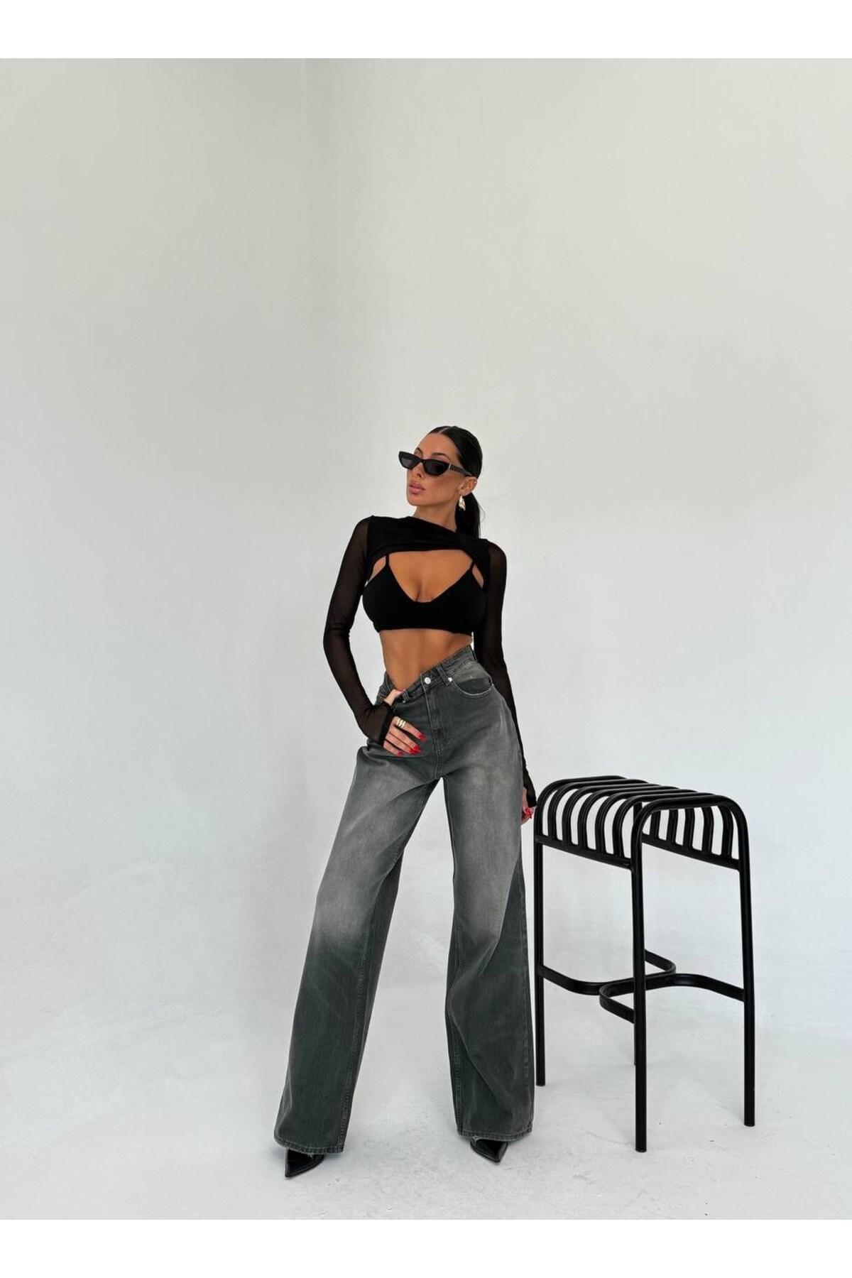 Lashing Detailed High Waist Wide Leg Open Denim Jean