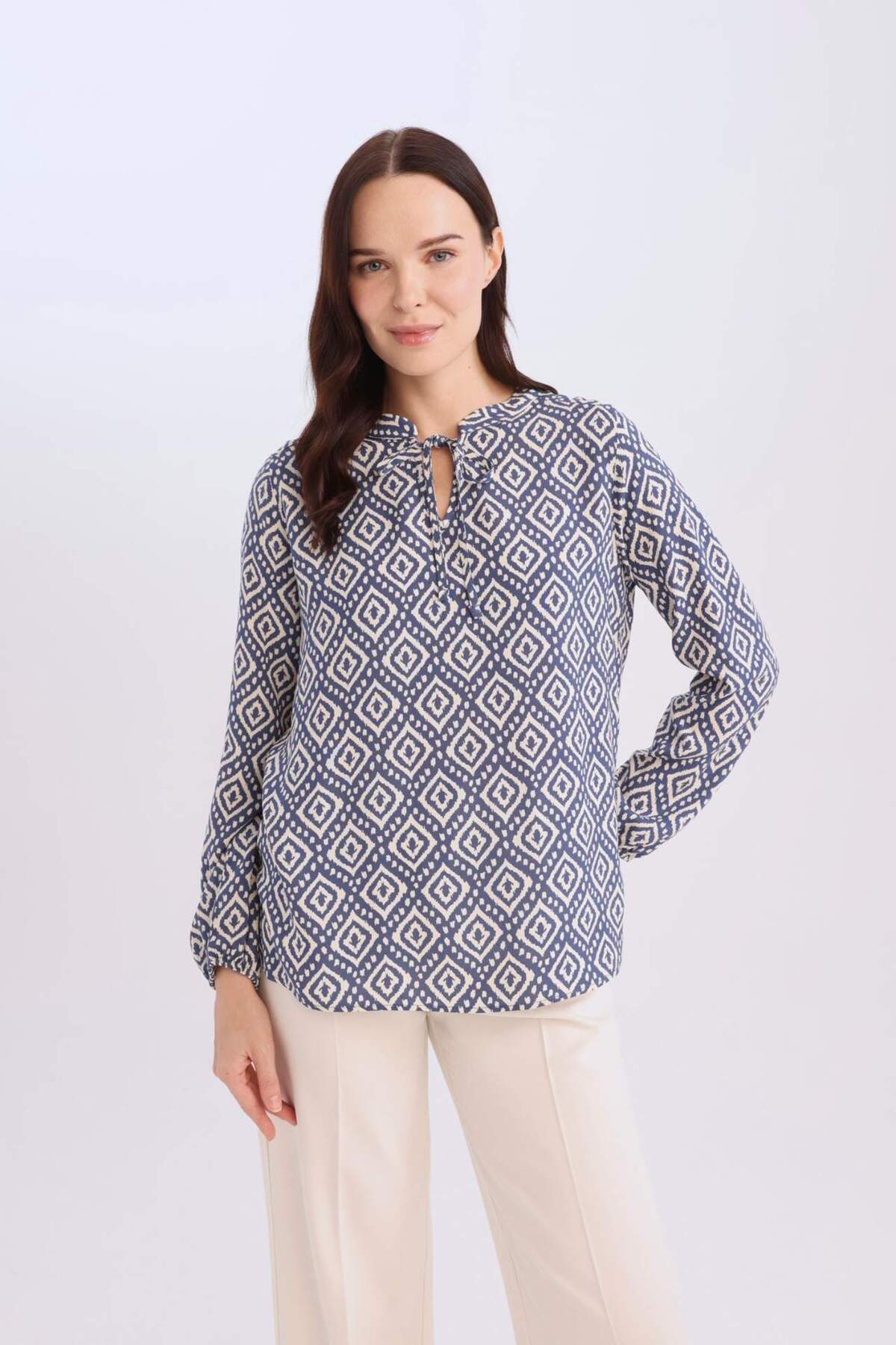 Regular Fit Lace-up Collar Patterned Long Sleeve Blouse N1809AZ25SP