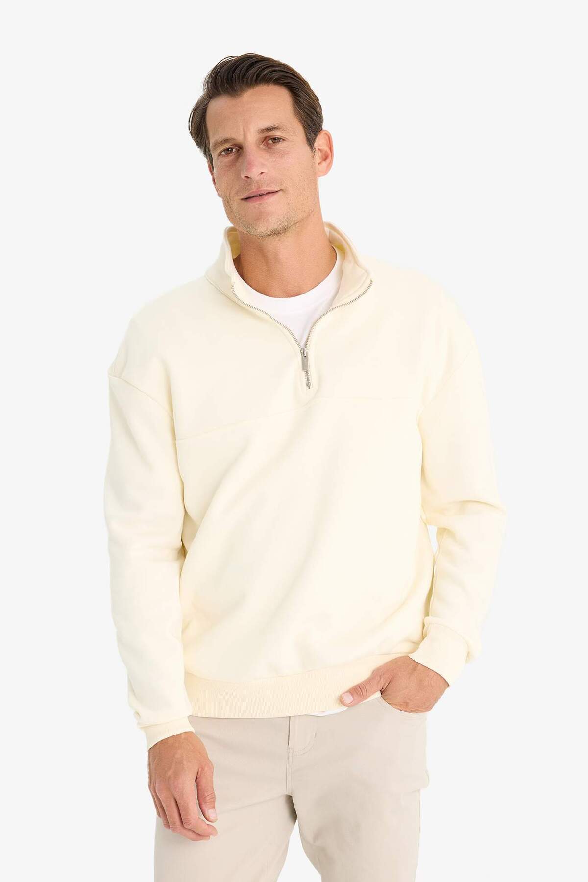 Relax Fit Dik Yaka Fermuarlı Basic Düz Kalın Sweatshirt E5334AX24WN — اکرو — تصویر 3 از 5