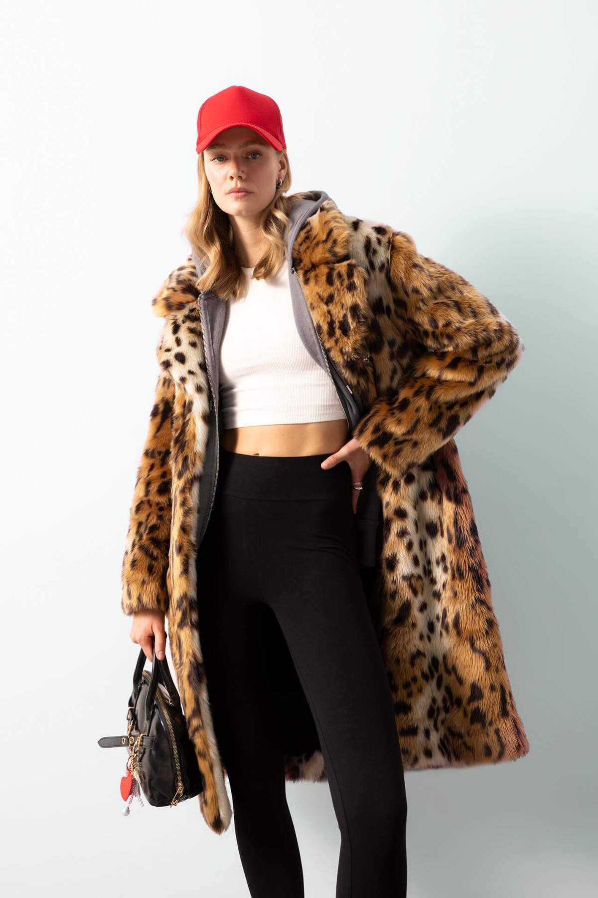 Defacto  Relax Fit Leopar Desenli Ceket Yaka Cepli Uzun Suni Kürk Kaban D4005AX24WN - Görsel 3