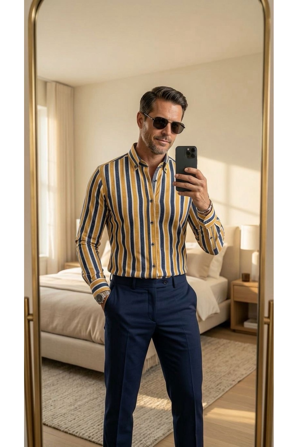 Erkek Slim Fit Kesim Sarı Lacivert Çizgili Uzun Kollu Gömlek — زرد MGLD-7078 — تصویر 2 از 4