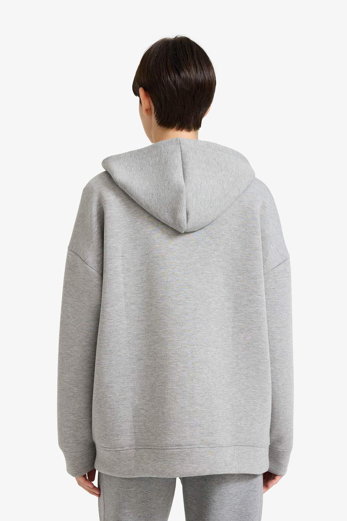 Defacto  Oversize Geniş Kalıp Kapüşonlu Basic Düz Skuba Dalgıç Kumaş Cepli Fermuarlı Sweatshirt C6871AX24AU - Görsel 5