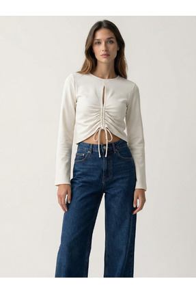 Vaura Önden Büzgülü Damla Yaka Crop Sweatshirt