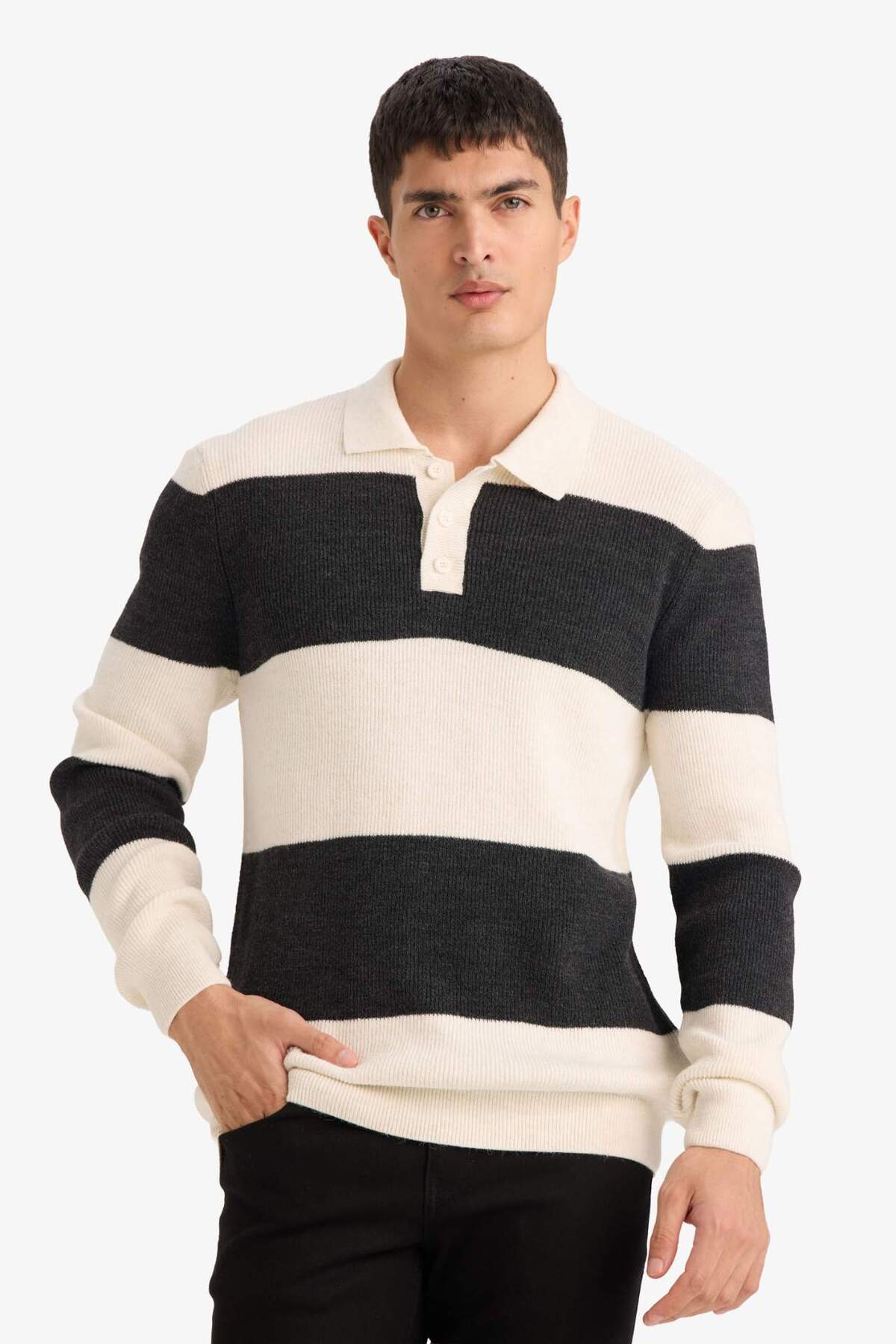 Defacto  Standart Fit Polo Yaka Çizgili Triko Kazak D3590AX24WN - Görsel 3