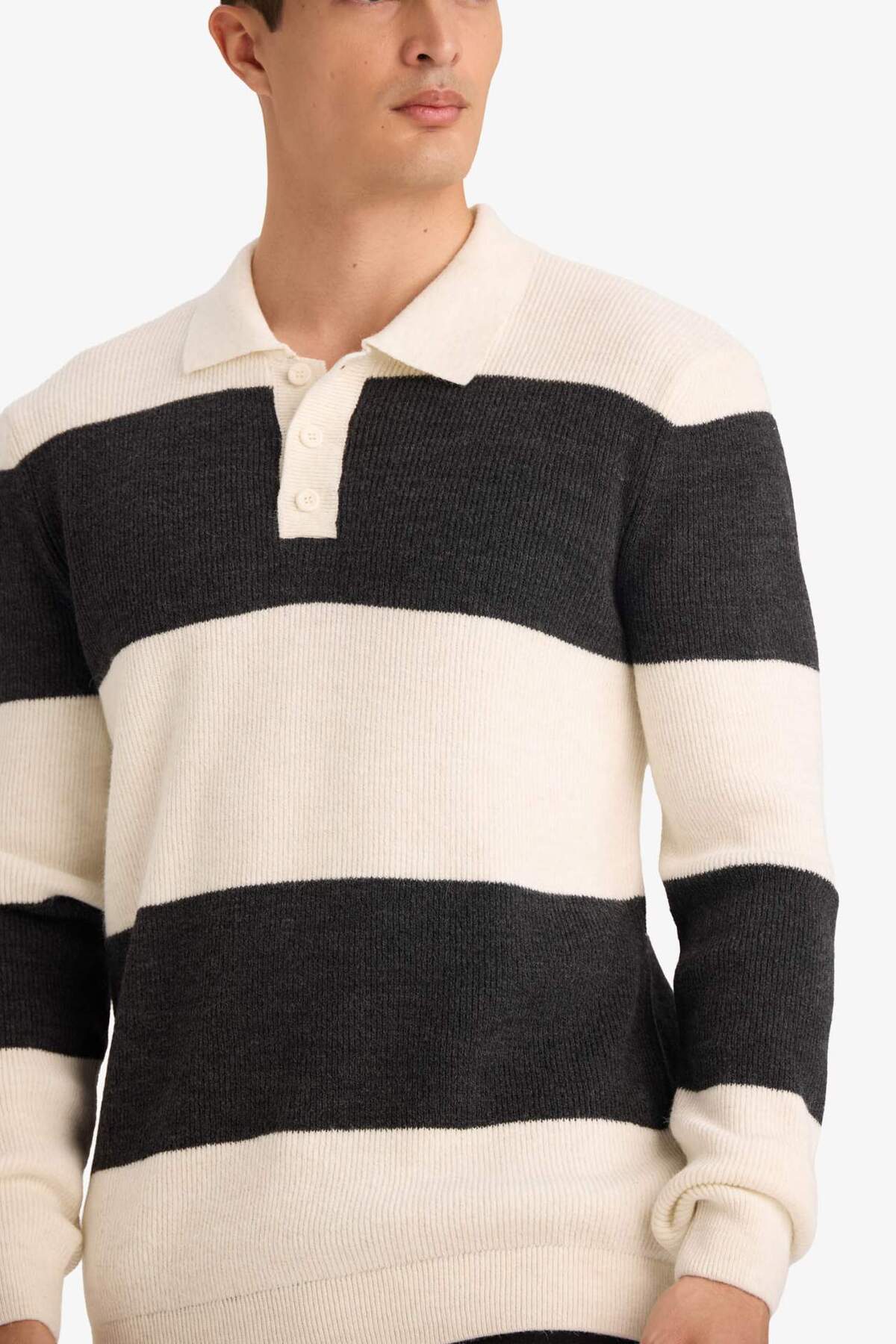 Defacto  Standart Fit Polo Yaka Çizgili Triko Kazak D3590AX24WN - Görsel 4