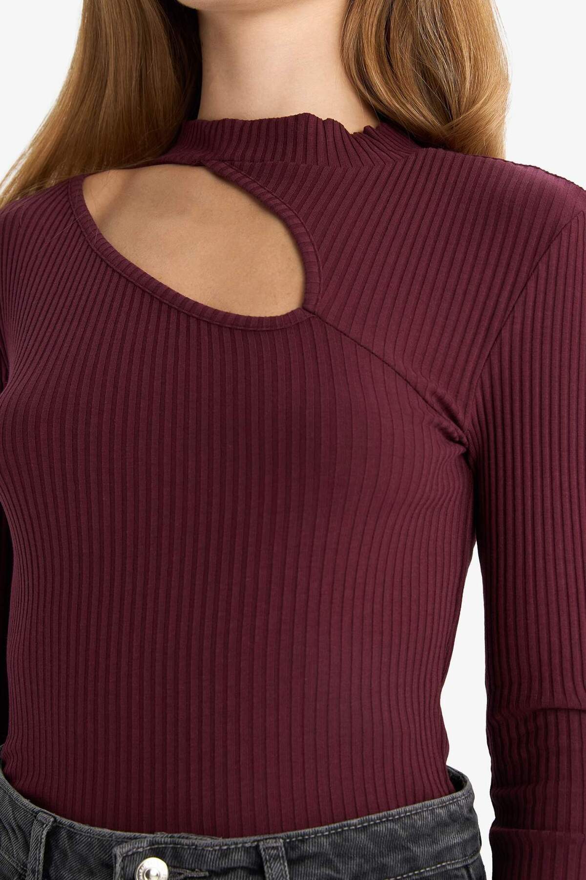 DeFacto Slim Fit Bisiklet Yaka Fitilli Kaşkorse Uzun Kollu Tişört C8473AX24AU görsel 5