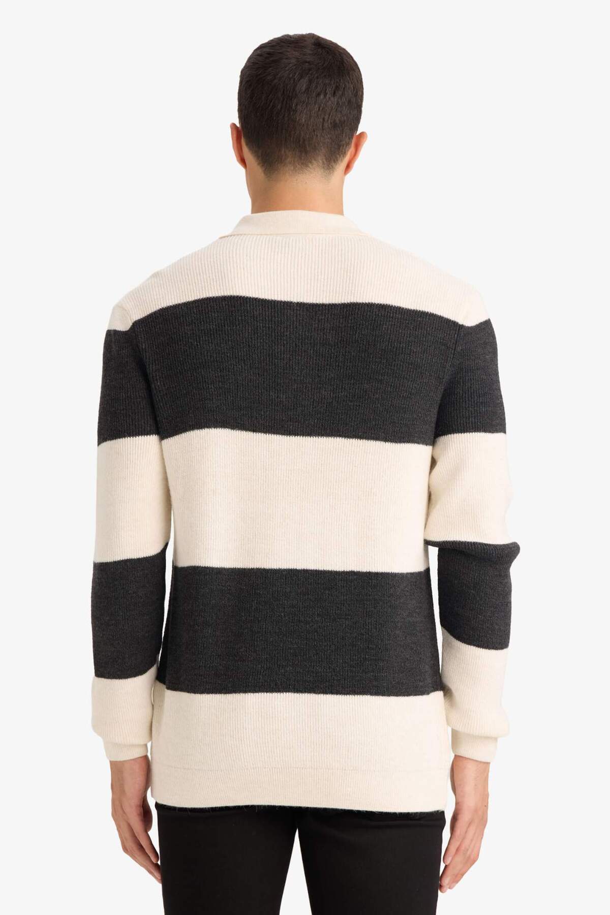 Defacto  Standart Fit Polo Yaka Çizgili Triko Kazak D3590AX24WN - Görsel 5