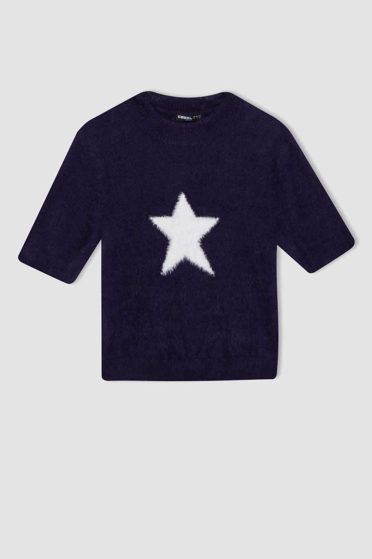 Defacto  Fitted Bisiklet Yaka Yıldız Baskılı Kısa Kollu Pelüş Triko Kazak C9158AX24WN - Görsel 6