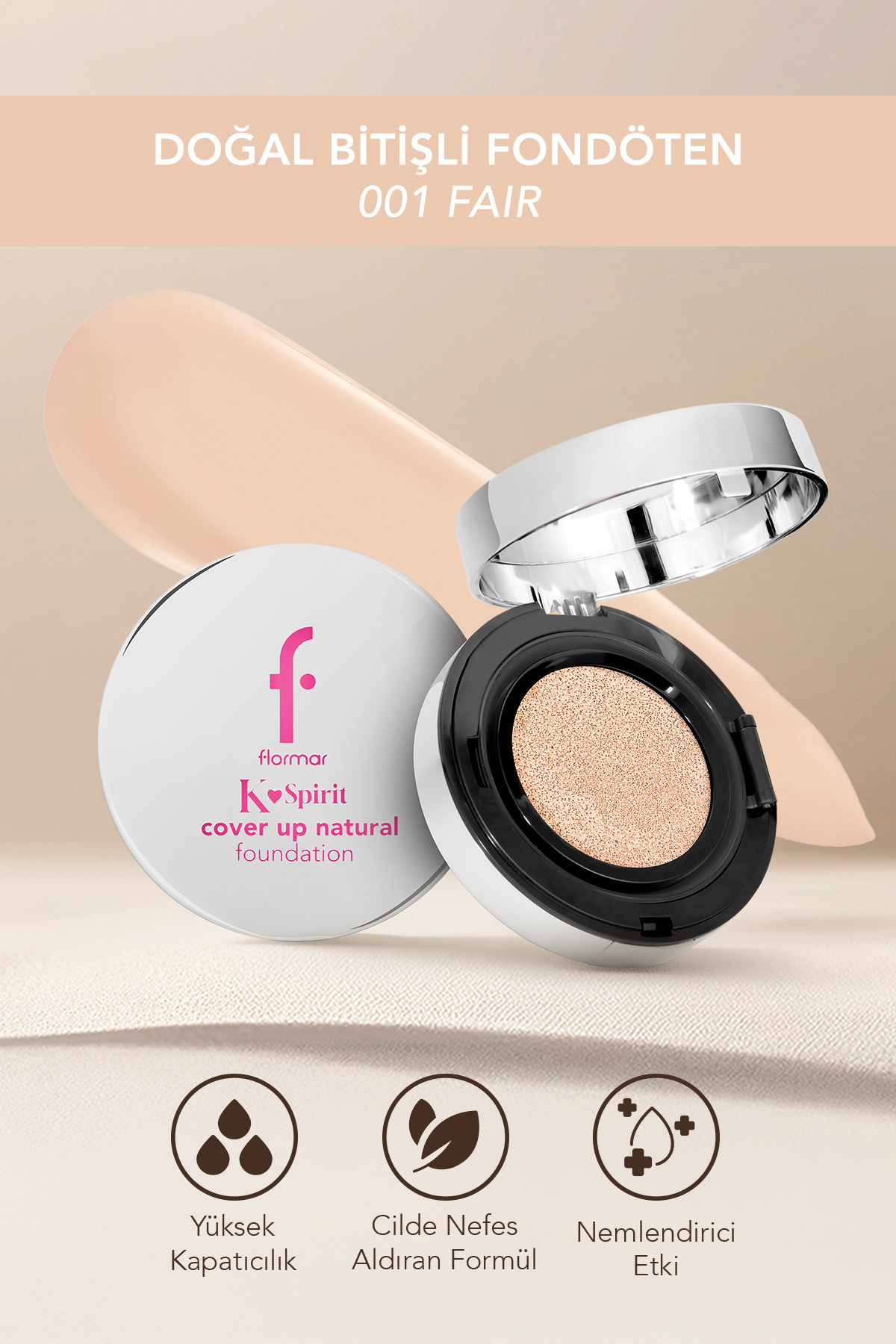 Flormar K-Spirit Cover Up Yoğun Kapatıcı Pürüzsüz Doğal Bitişli Cushion Fondöten - 001 Fair - Fiyatı, Yorumları