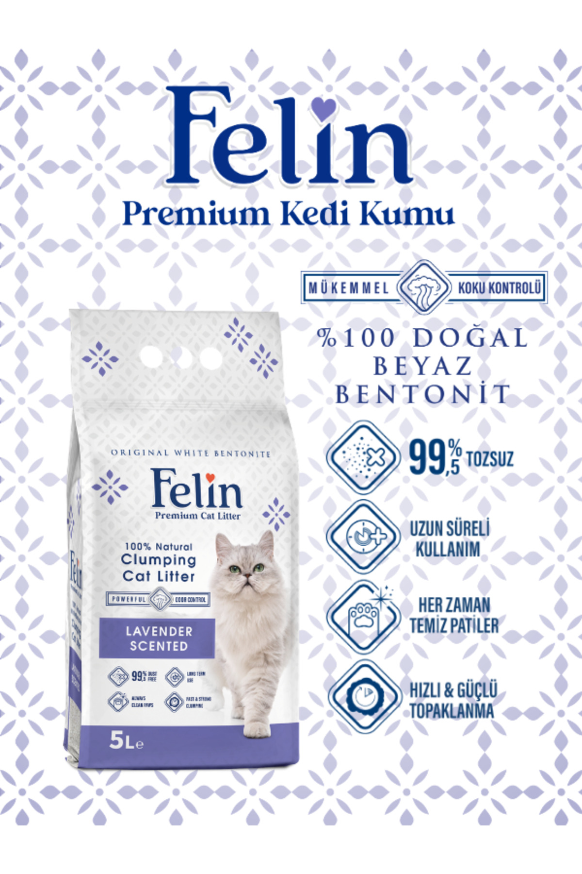 FELİN Lavanta Kokulu Topaklanan Ince Taneli Kedi Kumu 5 Lt