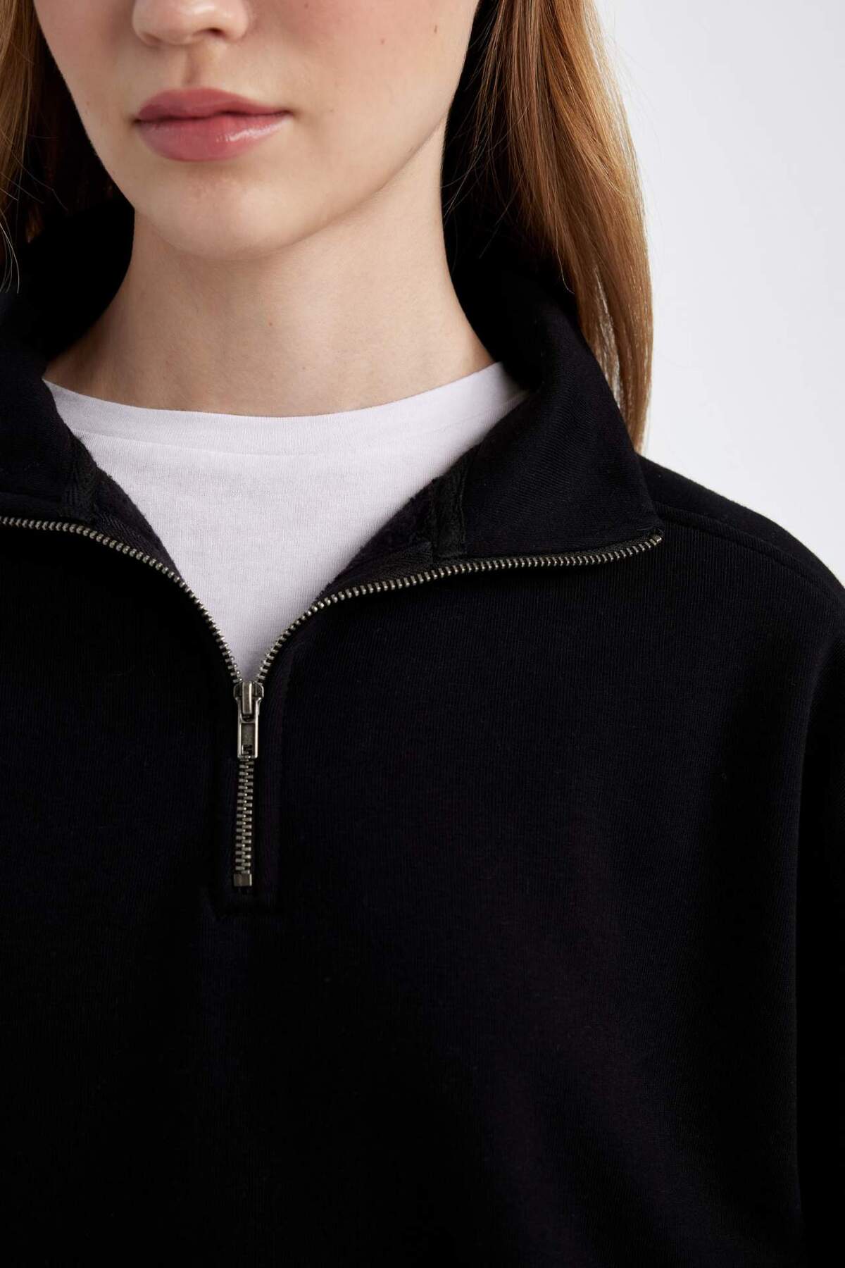 Defacto  Oversize Geniş Kalıp Fermuarlı Dik Yaka Cepli Basic Düz Kalın Siyah Sweatshirt D7206AX24WN - Görsel 5