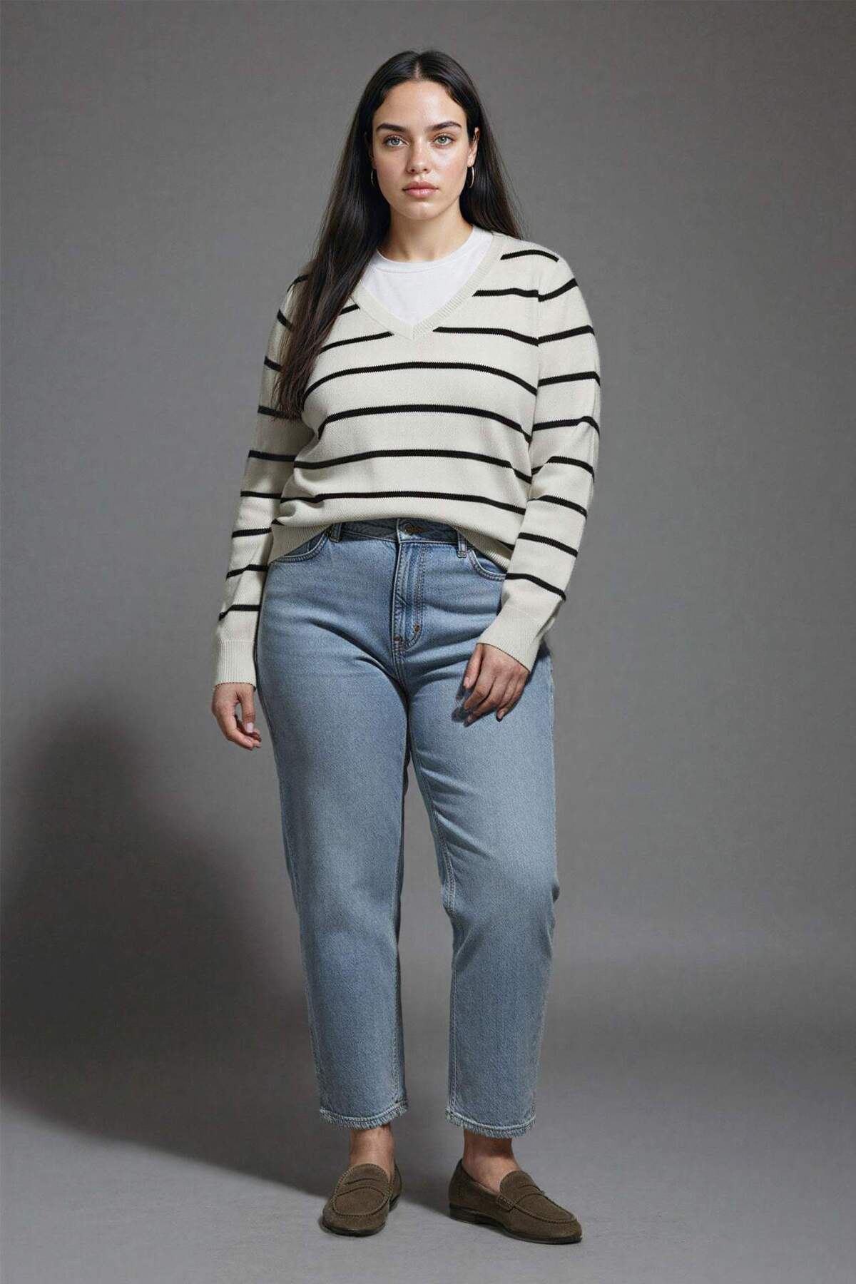 Defacto  Relax Fit V Yaka Yumuşak Dokulu Çizgili Triko Kazak A2359AX24WN - Görsel 2