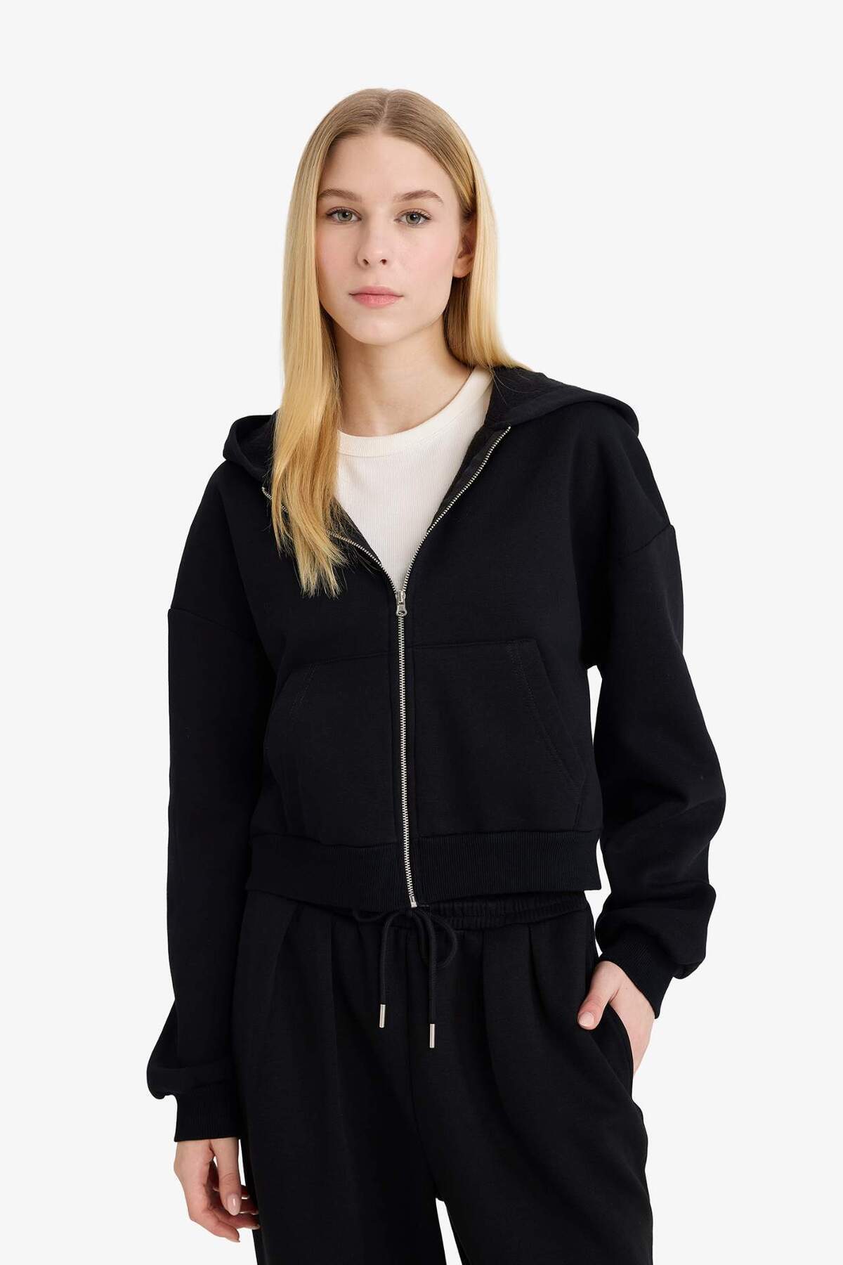 Defacto  Standart Fit Kapüşonlu Basic Düz Kanguru Cepli Fermuarlı Sweatshirt Z7069AZ24WN - Görsel 3