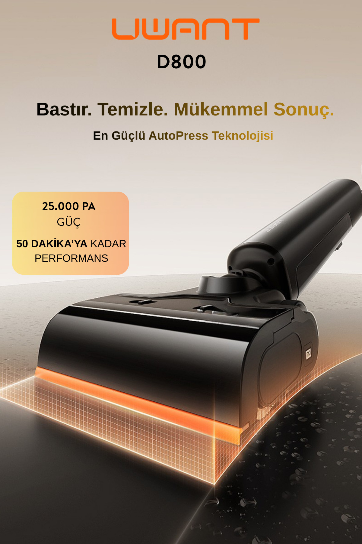 UWANT 25.000 Pa Emiş Gücü ve Kendini Temizleyebilen Islak & Kuru Dikey Süpürge D800