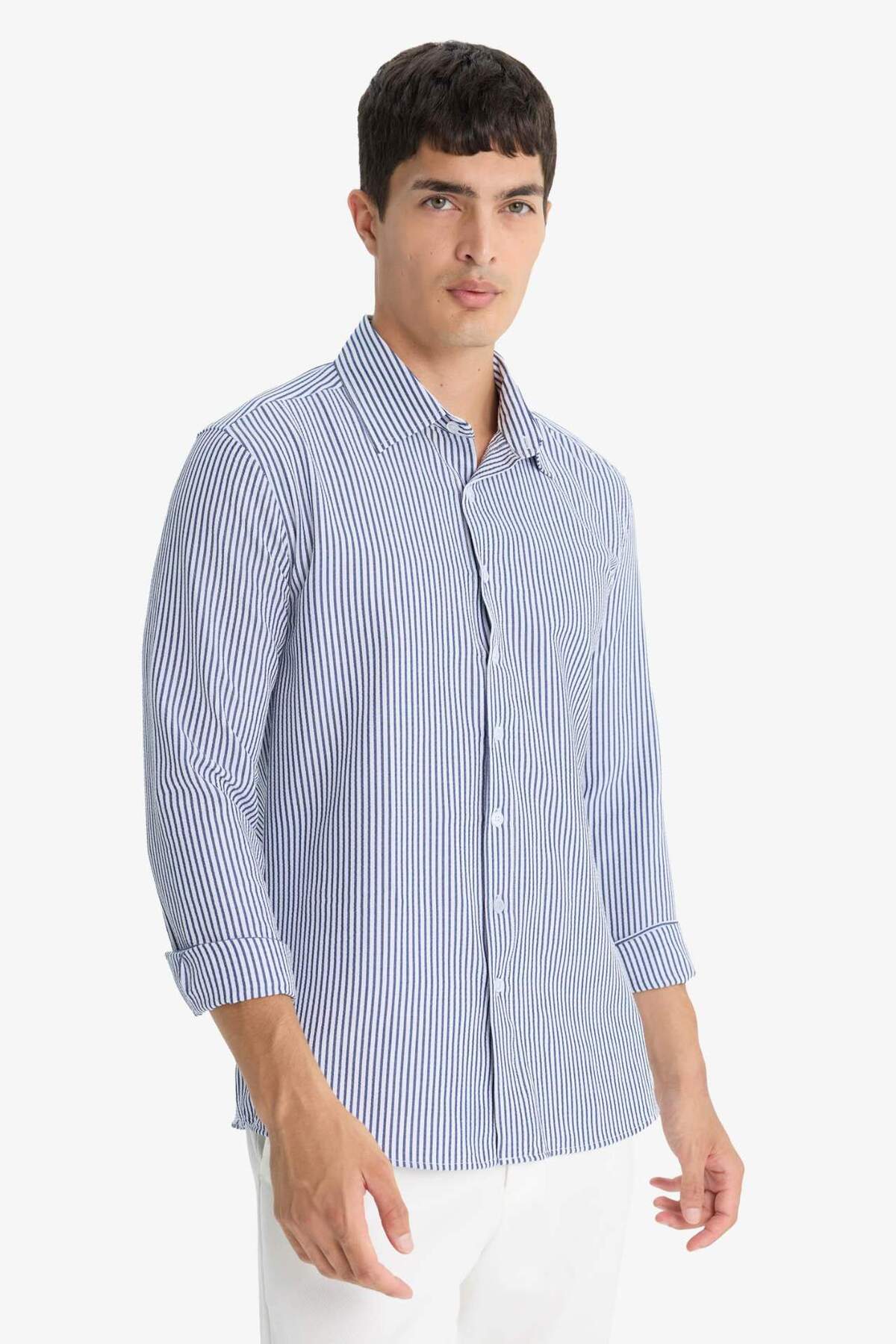 Defacto  Modern Fit Polo Yaka Çizgili Krinkıl Kumaş Gofre Desenli Uzun Kollu Gömlek D6003AX24AU - Görsel 4