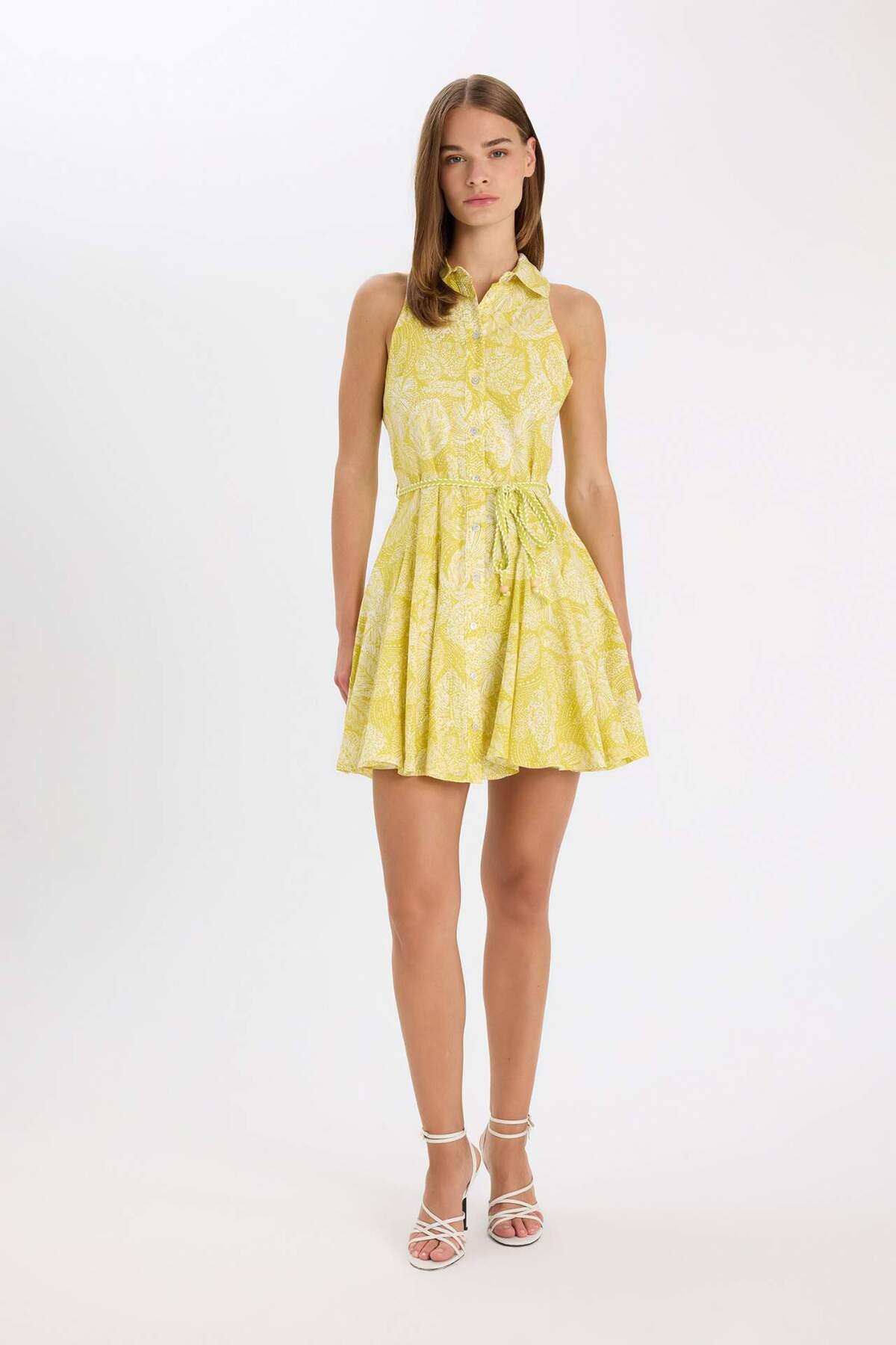 Defacto  A Kesim Gömlek Yaka Desenli Vual Kolsuz Mini Elbise C7085AX24SM - Görsel 2