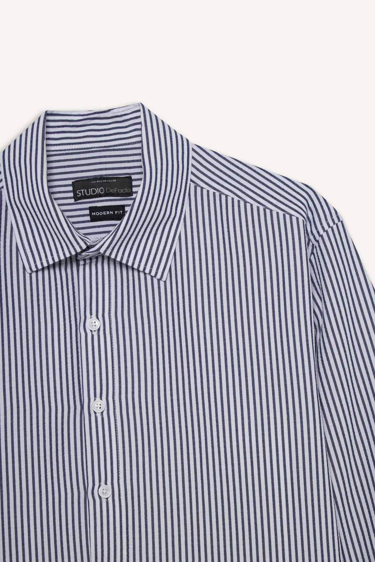 Defacto  Modern Fit Polo Yaka Çizgili Krinkıl Kumaş Gofre Desenli Uzun Kollu Gömlek D6003AX24AU - Görsel 8