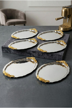 AKSESUAR EVRENİ Azak Gümüş 6'lı Paslanmaz Çelik Oval Gold Kulplu Kahve Sunum ...