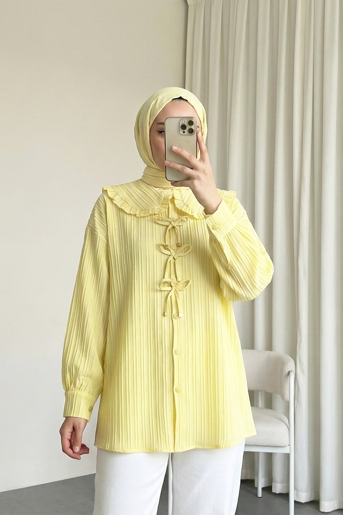 Ribbon Detailed Buttoned Baby Collar Shirt Tunic - Yellow