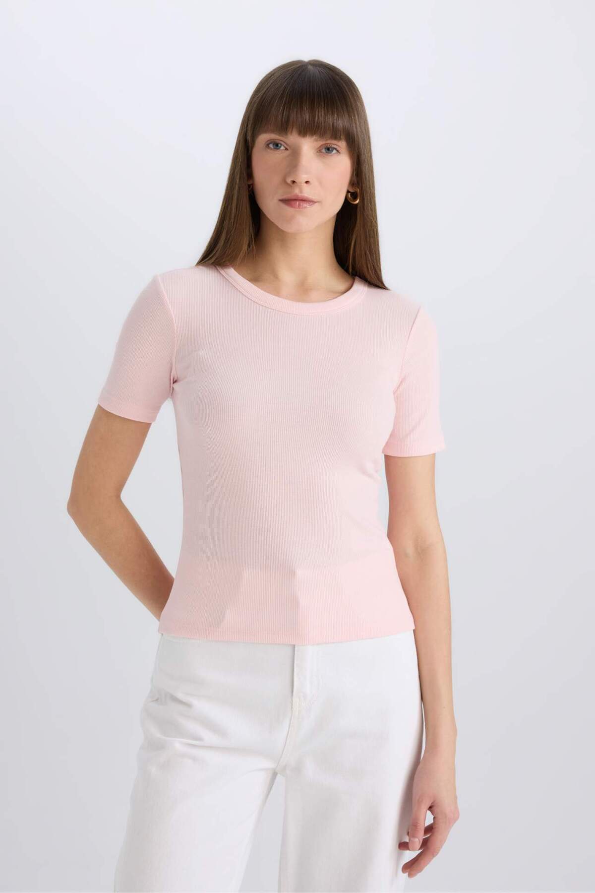 Defacto  Slım Fıt Fitilli Kaşkorse Basıc Tişört C0097AX24SM - Görsel 3