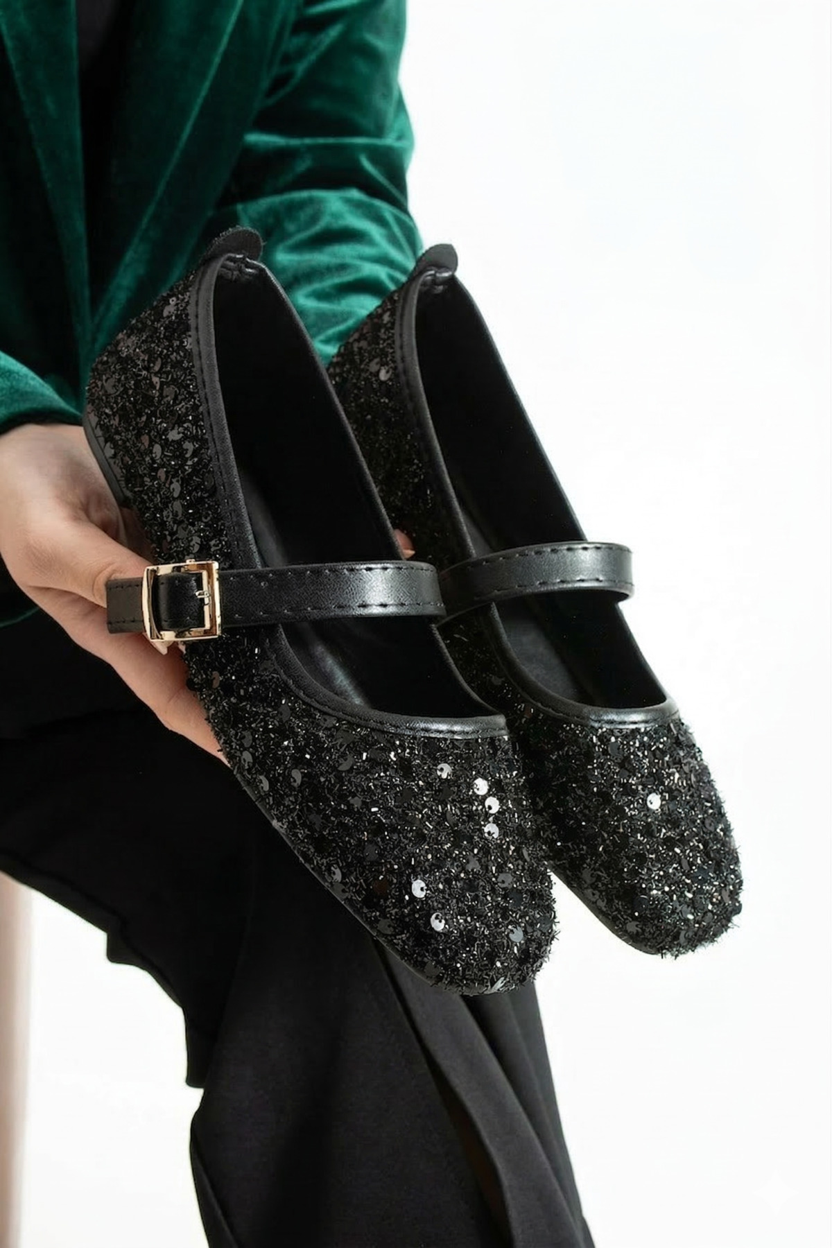 StWenn  Siyah Pullu Simli Payetli Mary Jane Babet Şık Tokalı Ortopedik Taban Günlük Ayakkabı