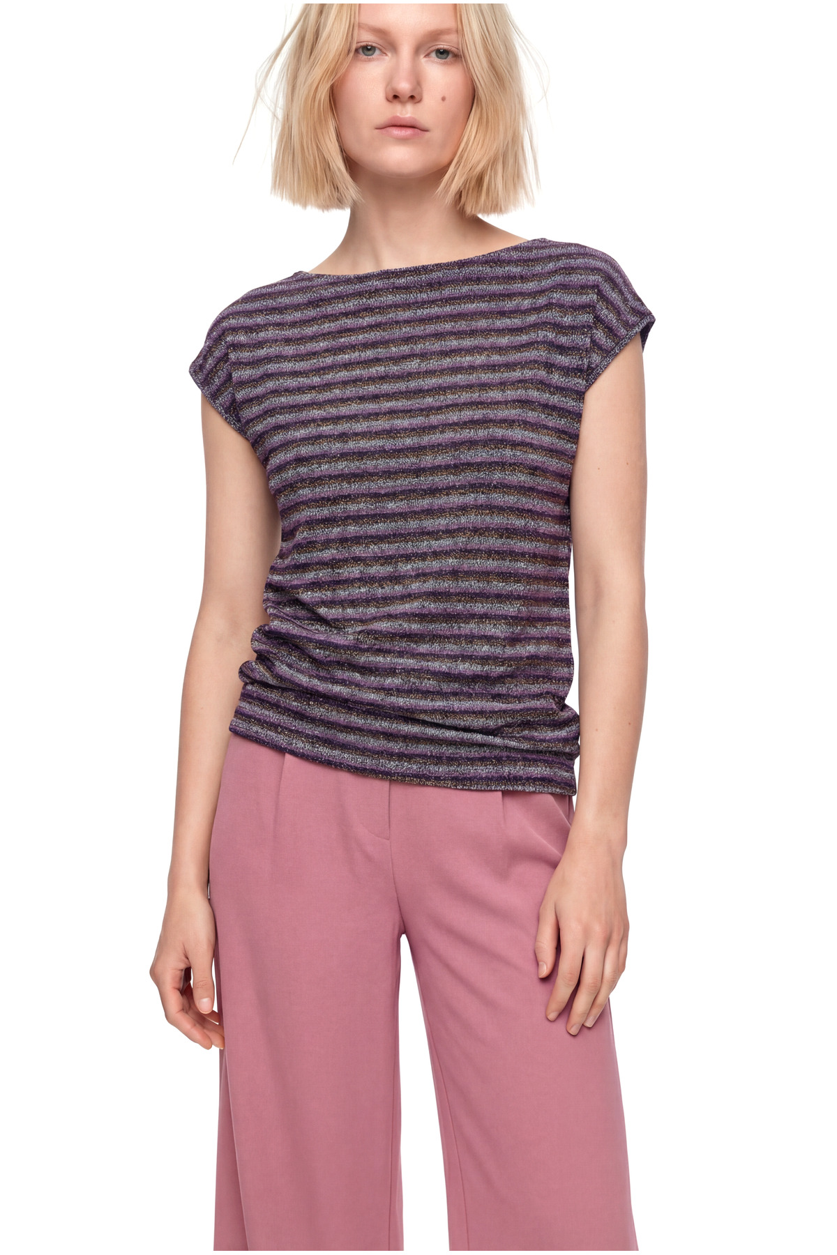 Pink Grey Striped Crew Neck Glitter Short Sleeve Women's T-Shirt SKY glitter S/S TOP