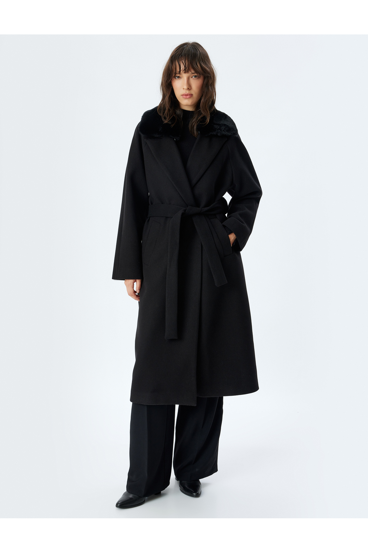 Koton  Yakası Çıkarılabilir Kürklü Cepli Uzun Kaşe Kaban - Görsel 3