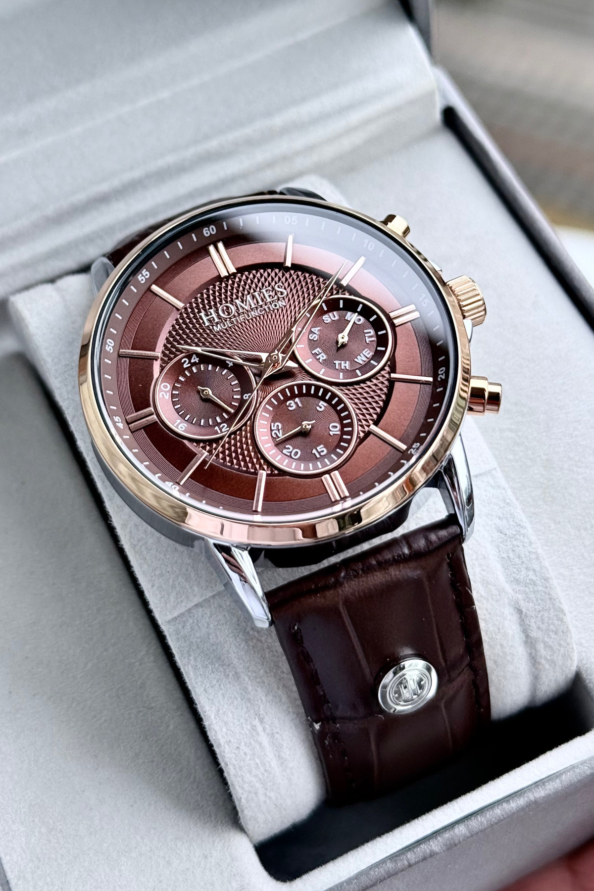 Original Brown Genuine Leather Band Men Wrist Watch 3 Atm Waterproof Hme2039c2