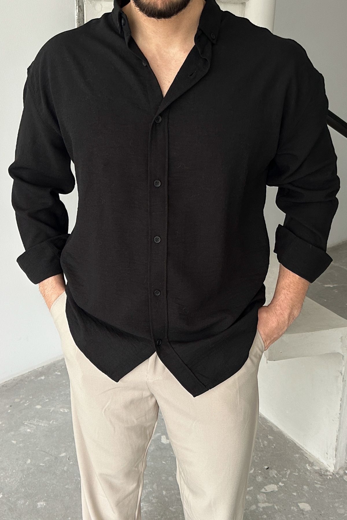 Livio Ferri  Napas Erkek Oversize Keten Görünümlü Gömlek - Görsel 4