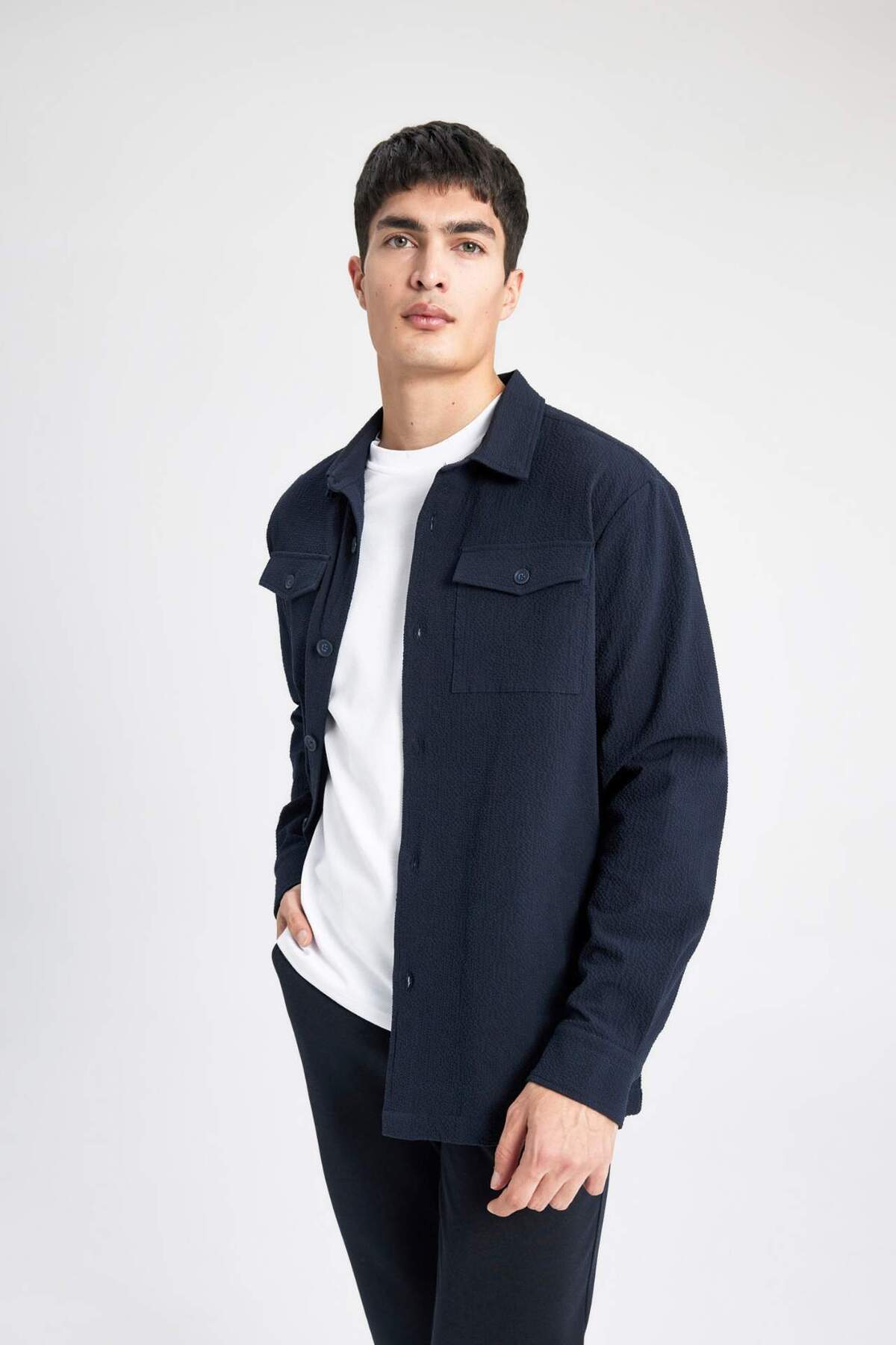 DeFacto Regular Fit Polo Yaka Gofre Dokulu Gömlek Ceket B6682AX24SP görsel 3