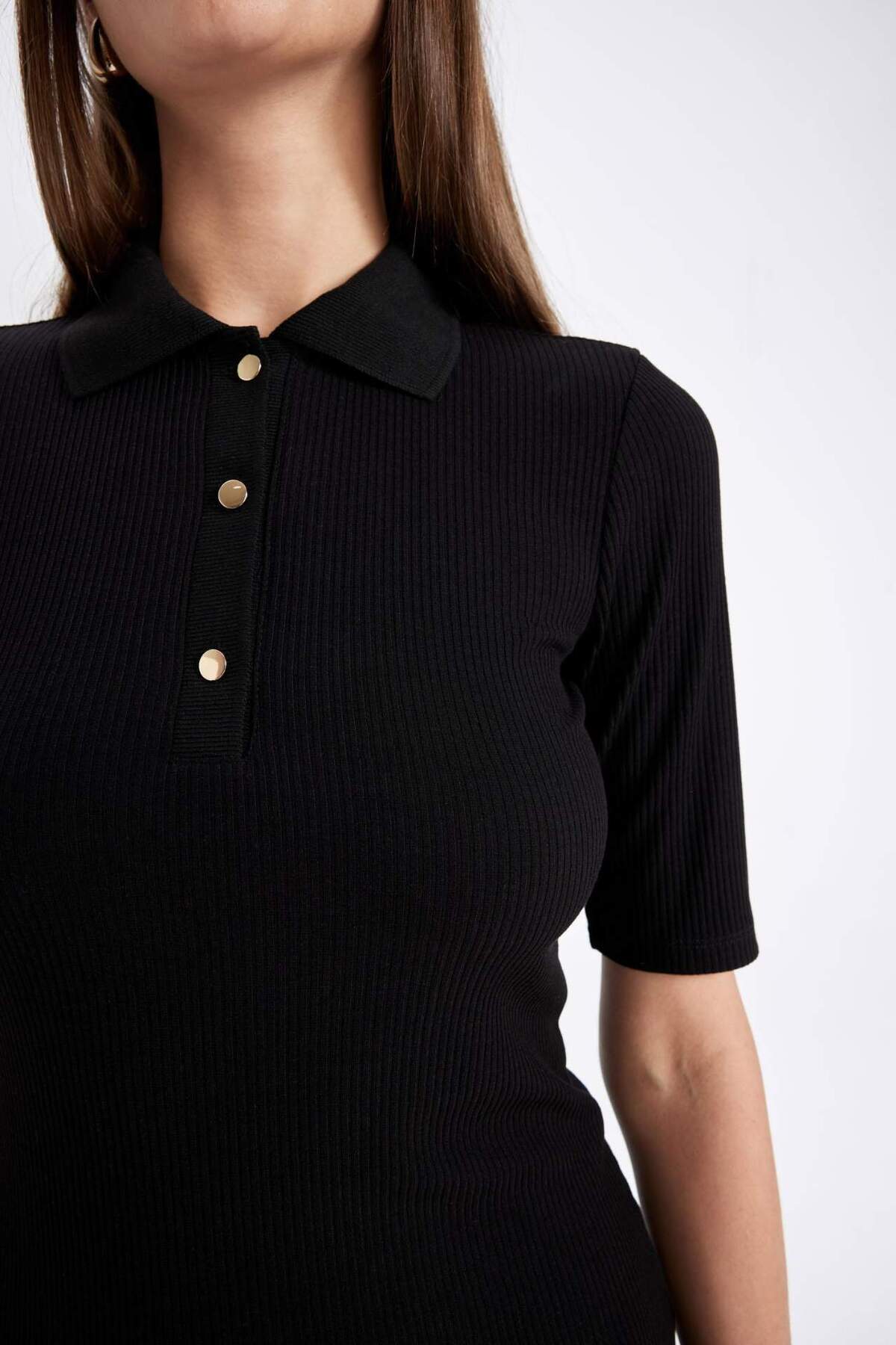 Defacto  Bodycon Vücuda Oturan Basic Düz Düğmeli Polo Yaka Fitilli Kaşkorse Yarım Kollu Midi Siyah Elbise C28 - Görsel 5
