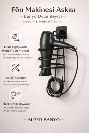 Alper Banyo Siyah Kare Fön Makinesi Askısı Saç Kurutma Makinesi Tutacağı Yapı...