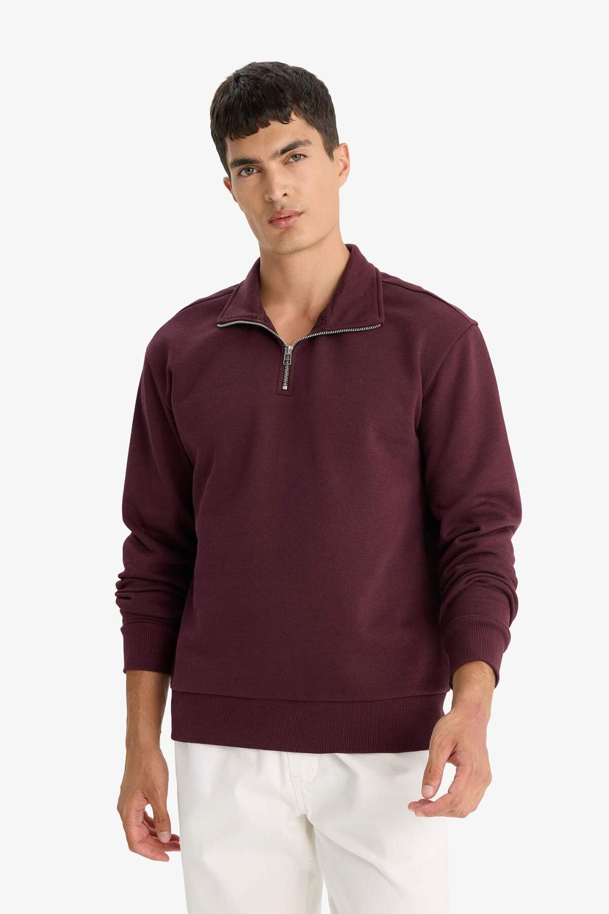 Defacto  Comfort Regular Fit Rahat Kalıp Fermuarlı Dik Yaka Basic Düz Sweatshirt X7405AZ23AU - Görsel 4