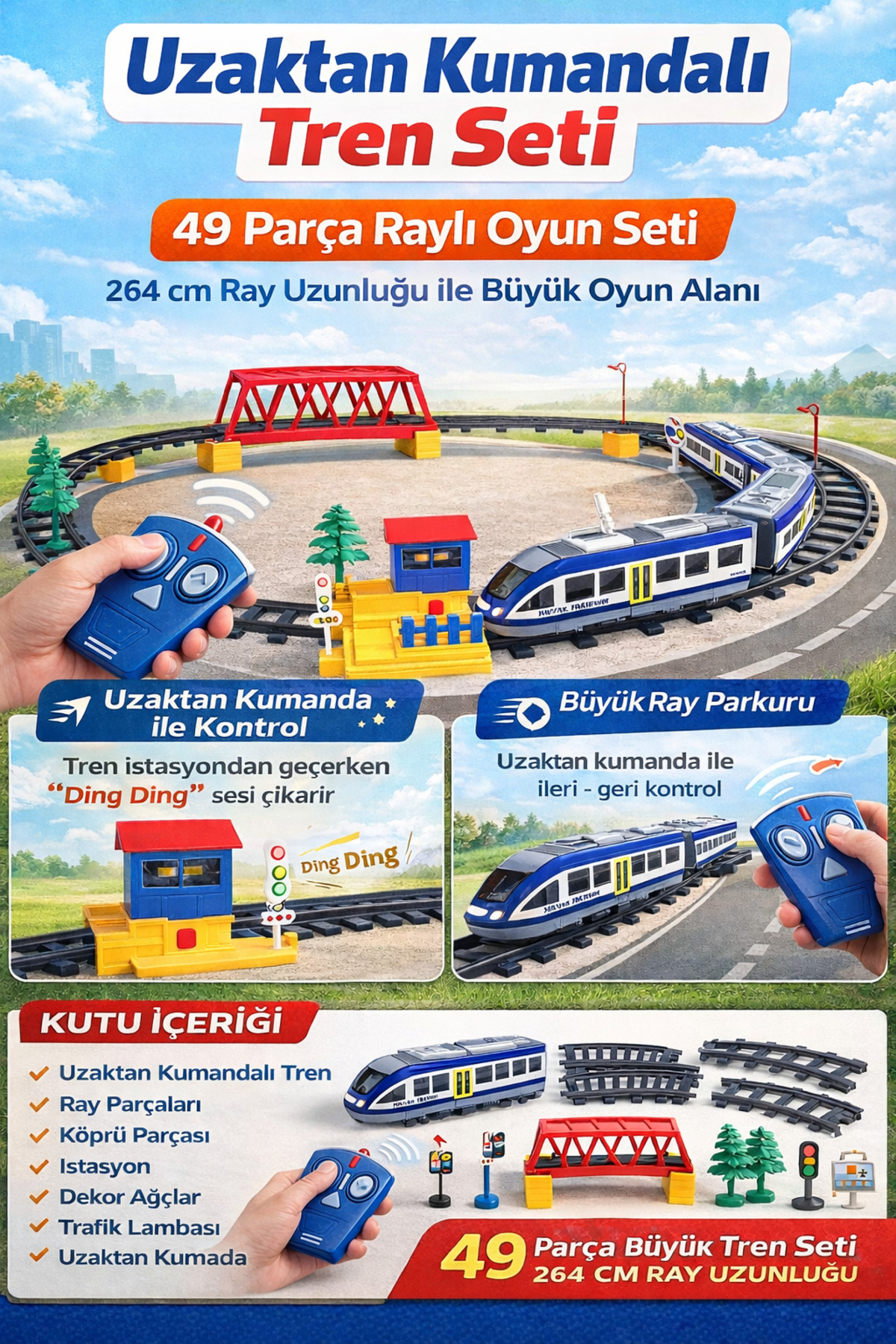 TRENDZONE Uzaktan Kumandalı Işıklı Müzikli 49 Parça Tren Seti | Modern Metro Ekspres 264cm Oval Ray fotoğrafı 2 (önizleme)