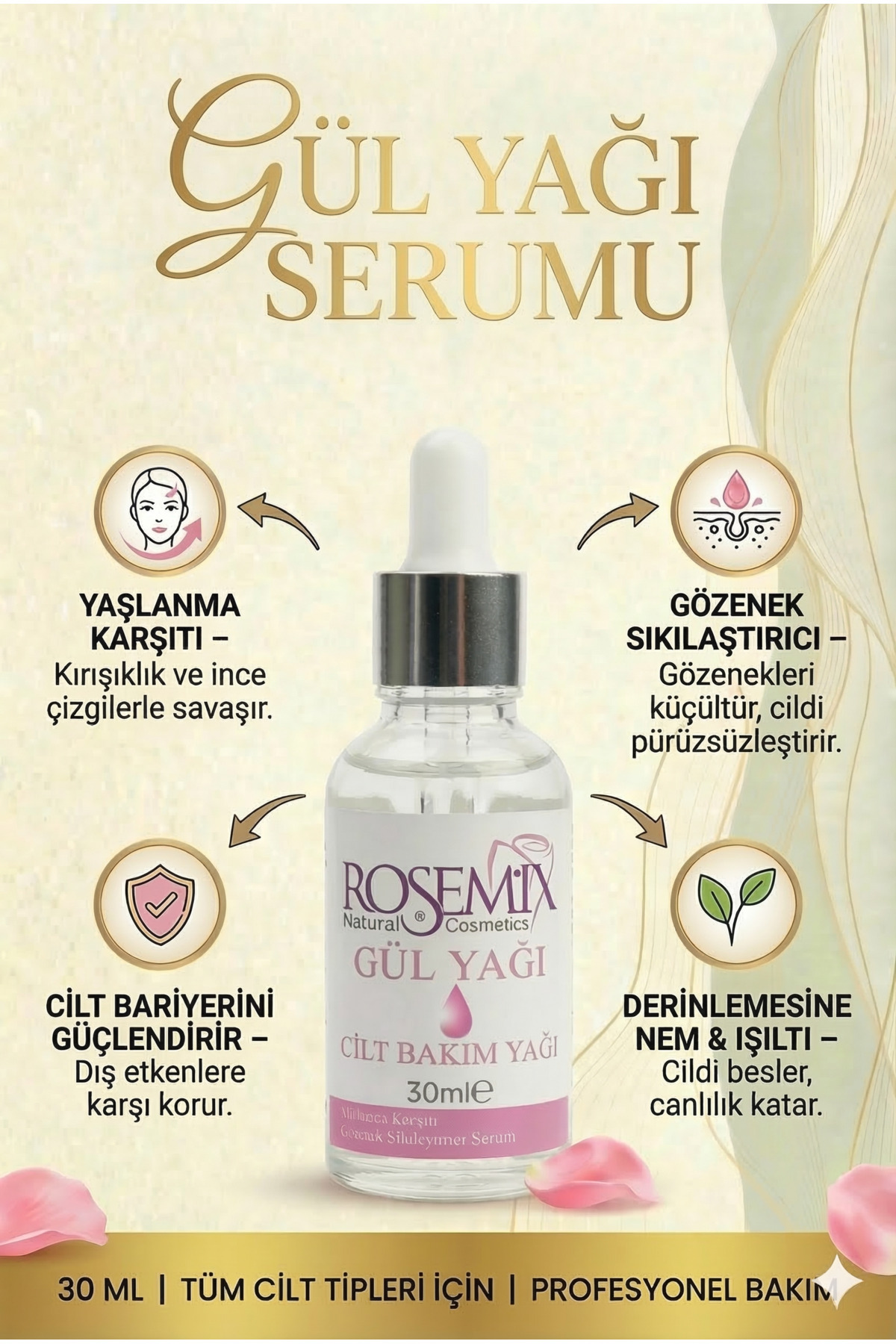 ROSEMIX سرم مراقبت از پوست ضد پیری و جمع کننده منافذ پوست با روغن گل رز طبیعی، 30 میلی لیتر — RSMX2025005
