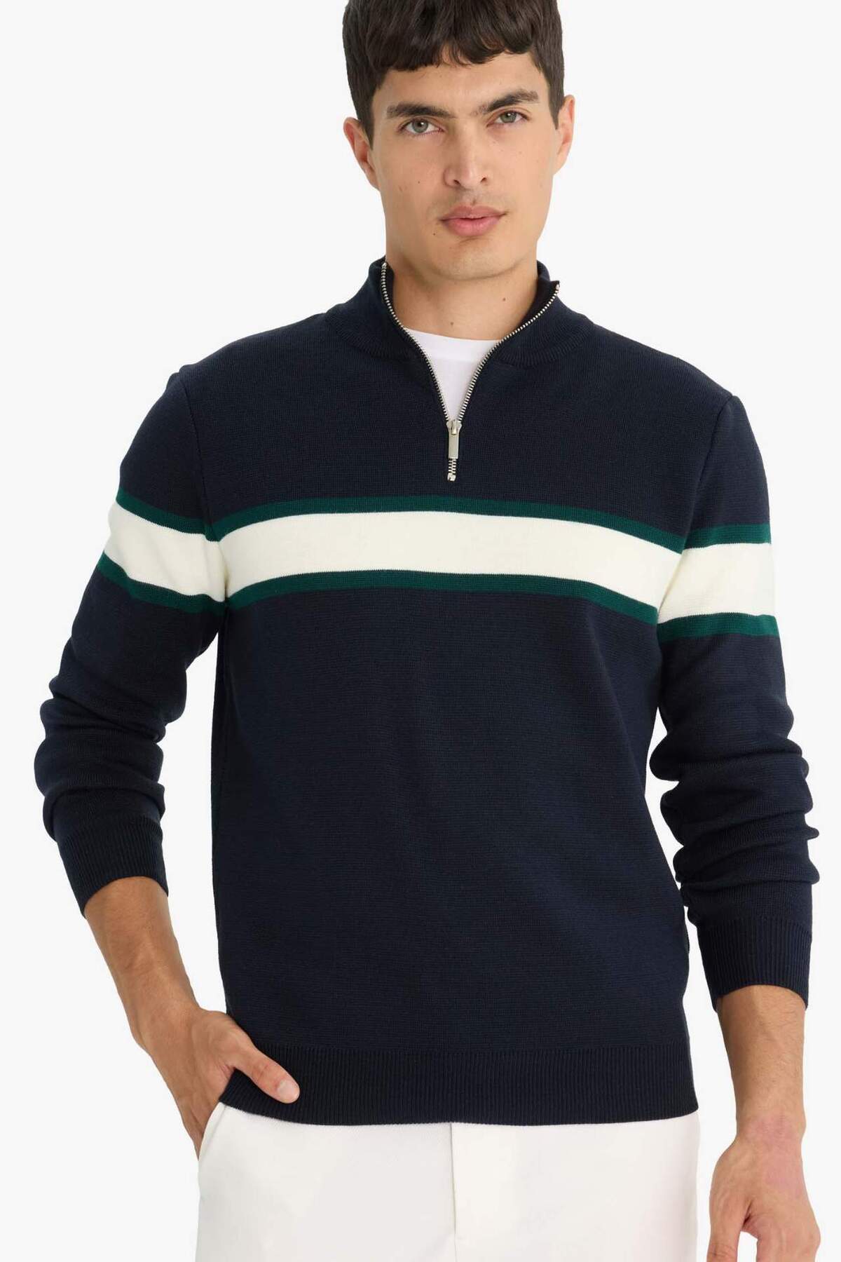 Defacto  Lacivert Standart Fit Normal Kesim Dik Yaka Fermuarlı Çizgili Triko Kazak Y4193AZ23WN