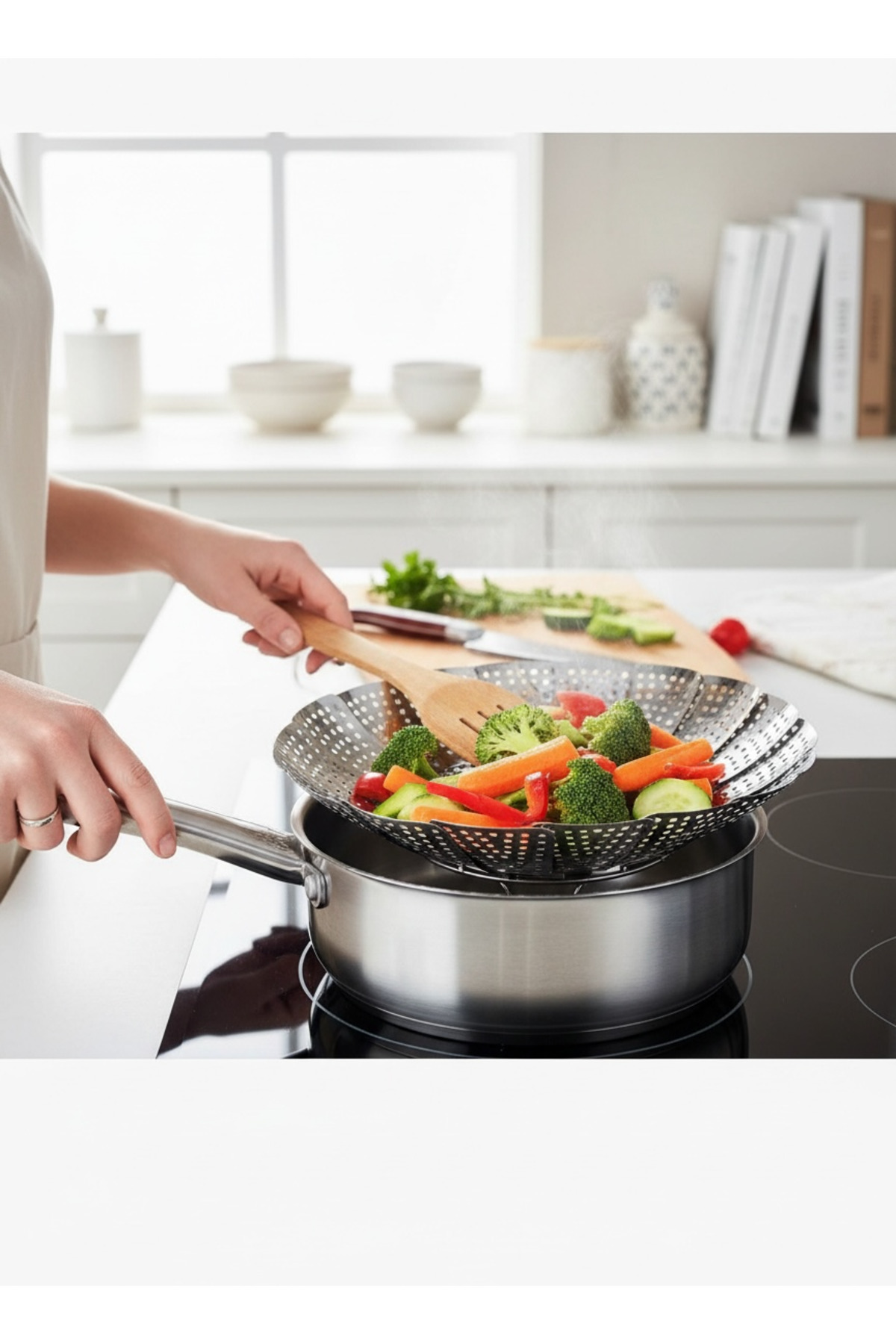 HOLLYHOME Paslanmaz Çelik Buharda Sebze Pişirme Haşlama Aparatı Katlanabilir Buharlı Pişirici HH fotoğrafı 7 (önizleme)