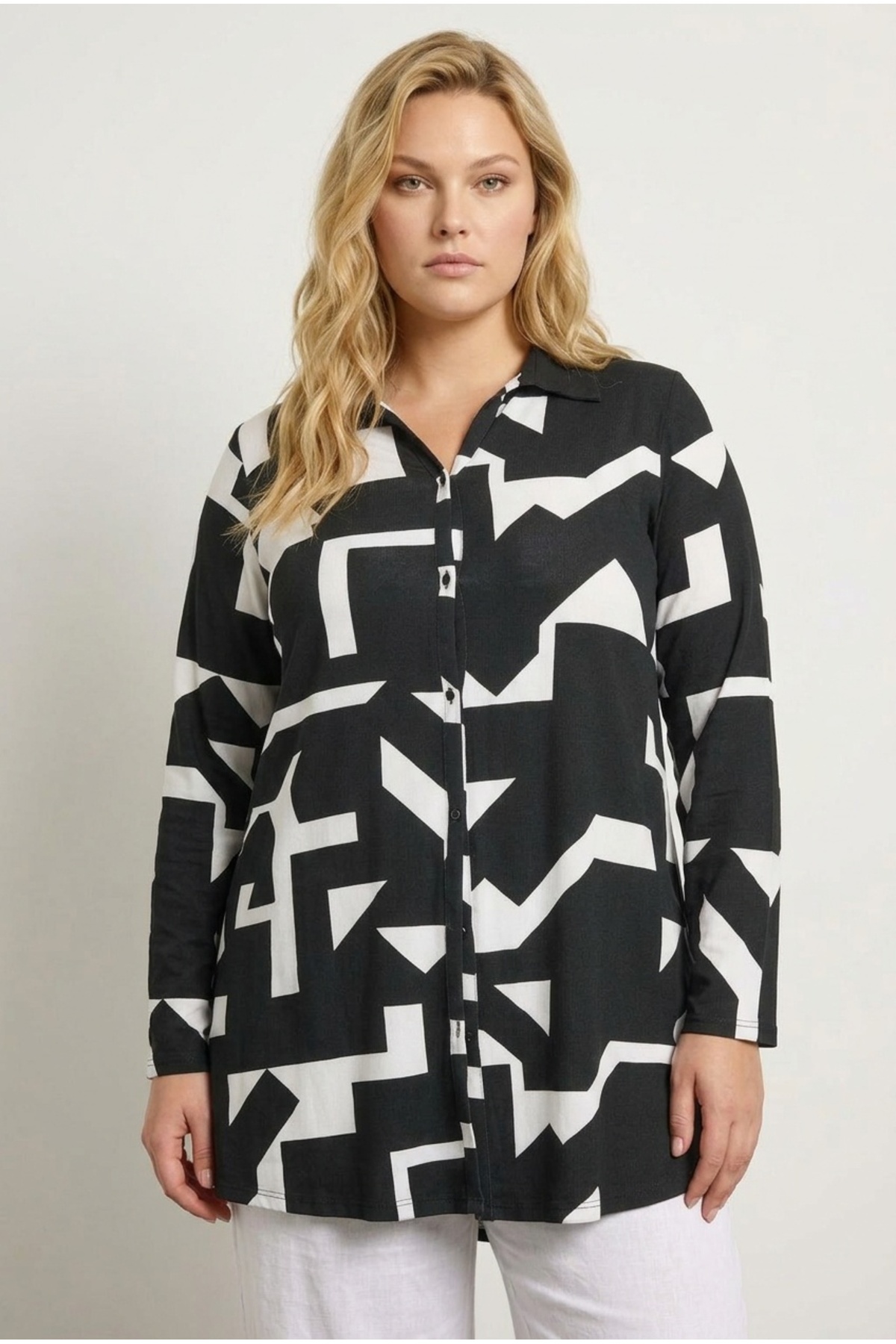 Stil Diva  Büyük Beden Uzun Kollu Soyut Desenli Uzun Gömlek 304106 - Görsel 4