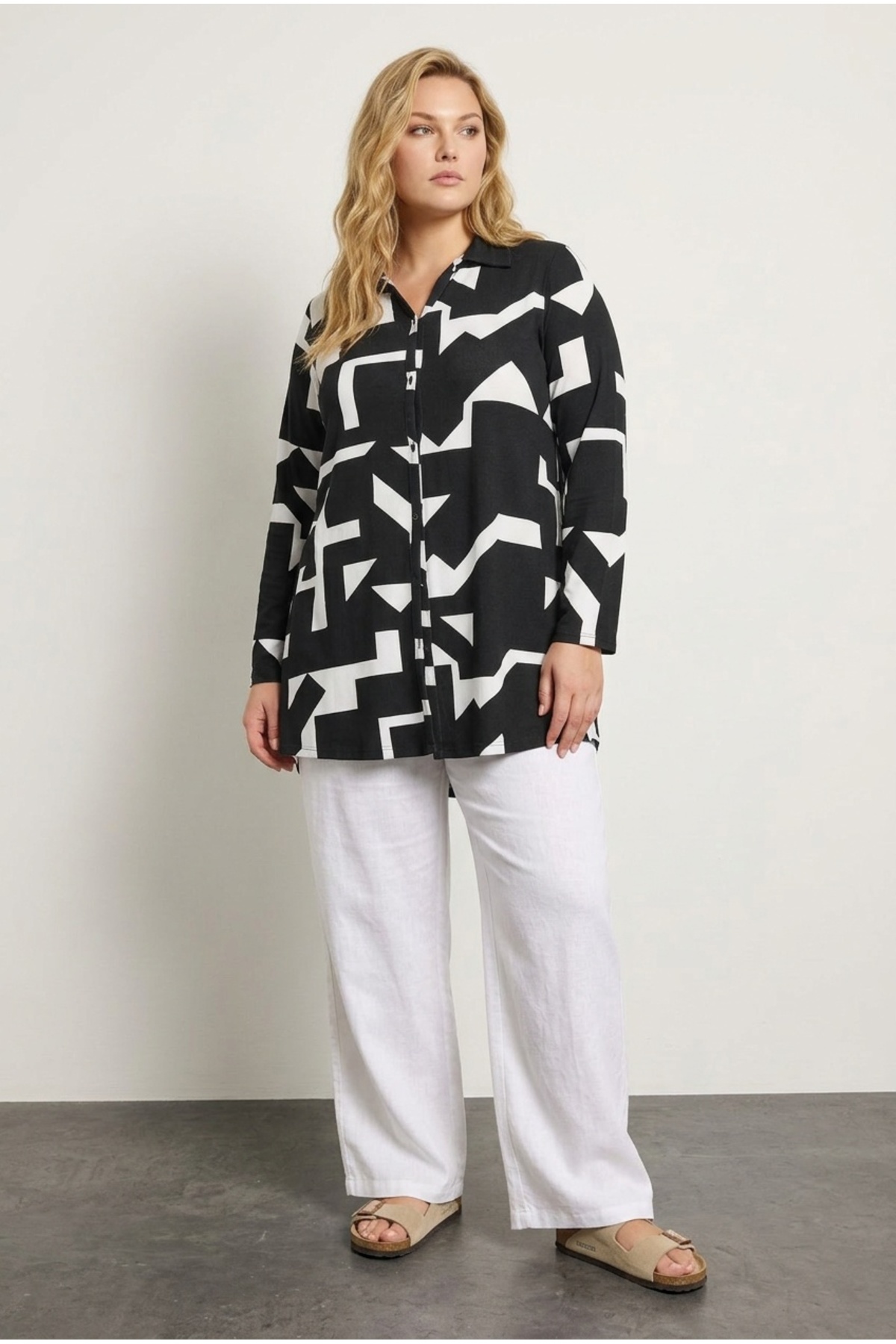 Stil Diva  Büyük Beden Uzun Kollu Soyut Desenli Uzun Gömlek 304106 - Görsel 2