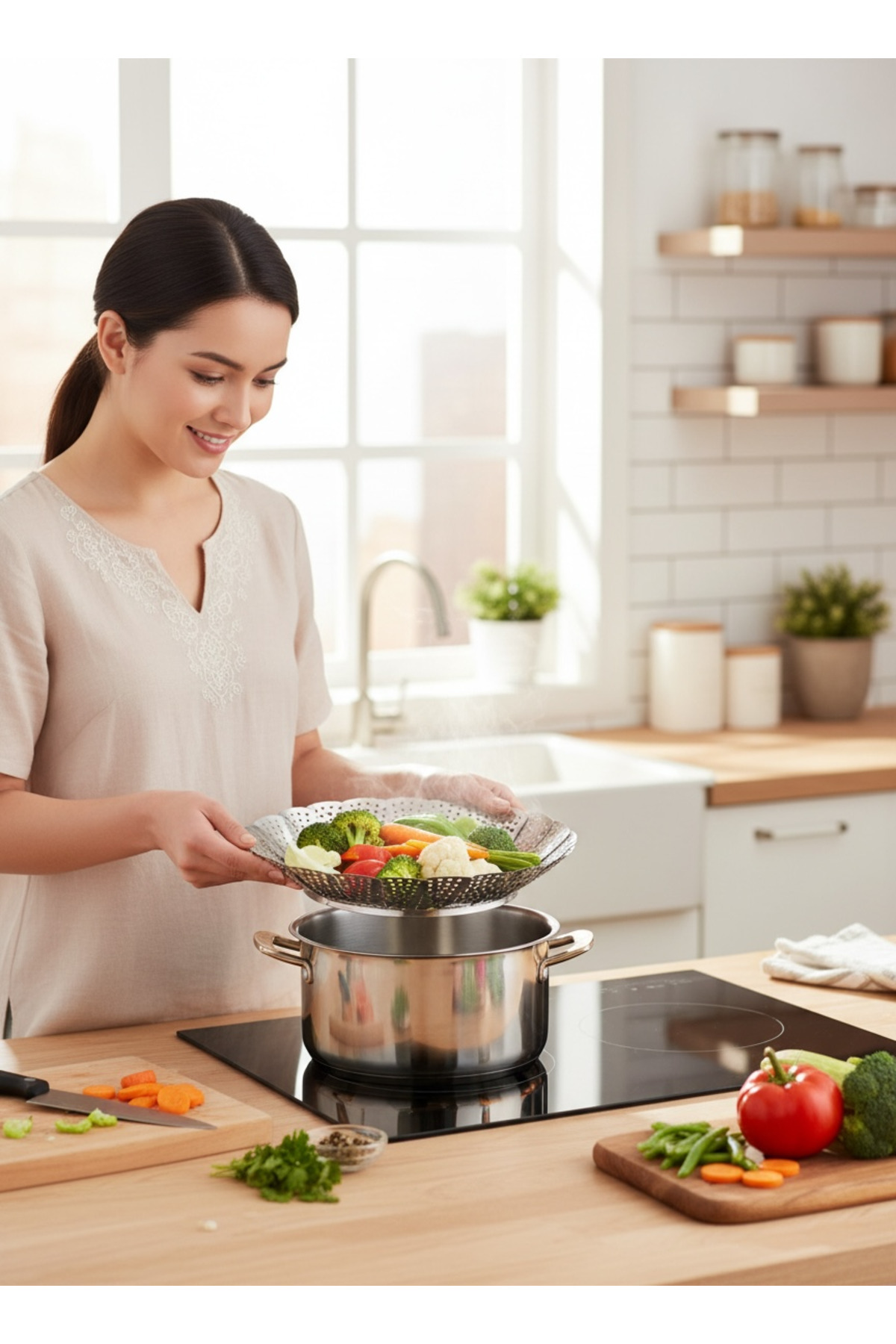 HOLLYHOME Paslanmaz Çelik Buharda Sebze Pişirme Haşlama Aparatı Katlanabilir Buharlı Pişirici HH fotoğrafı 5 (önizleme)