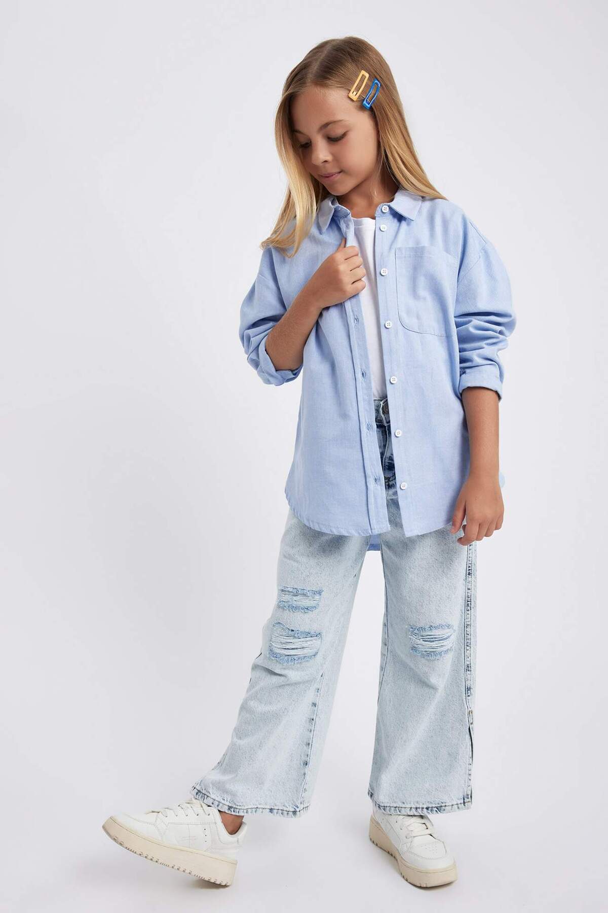 Defacto Kız Çocuk Wide Leg Yırtık Detaylı Geniş Paça Jean Pantolon