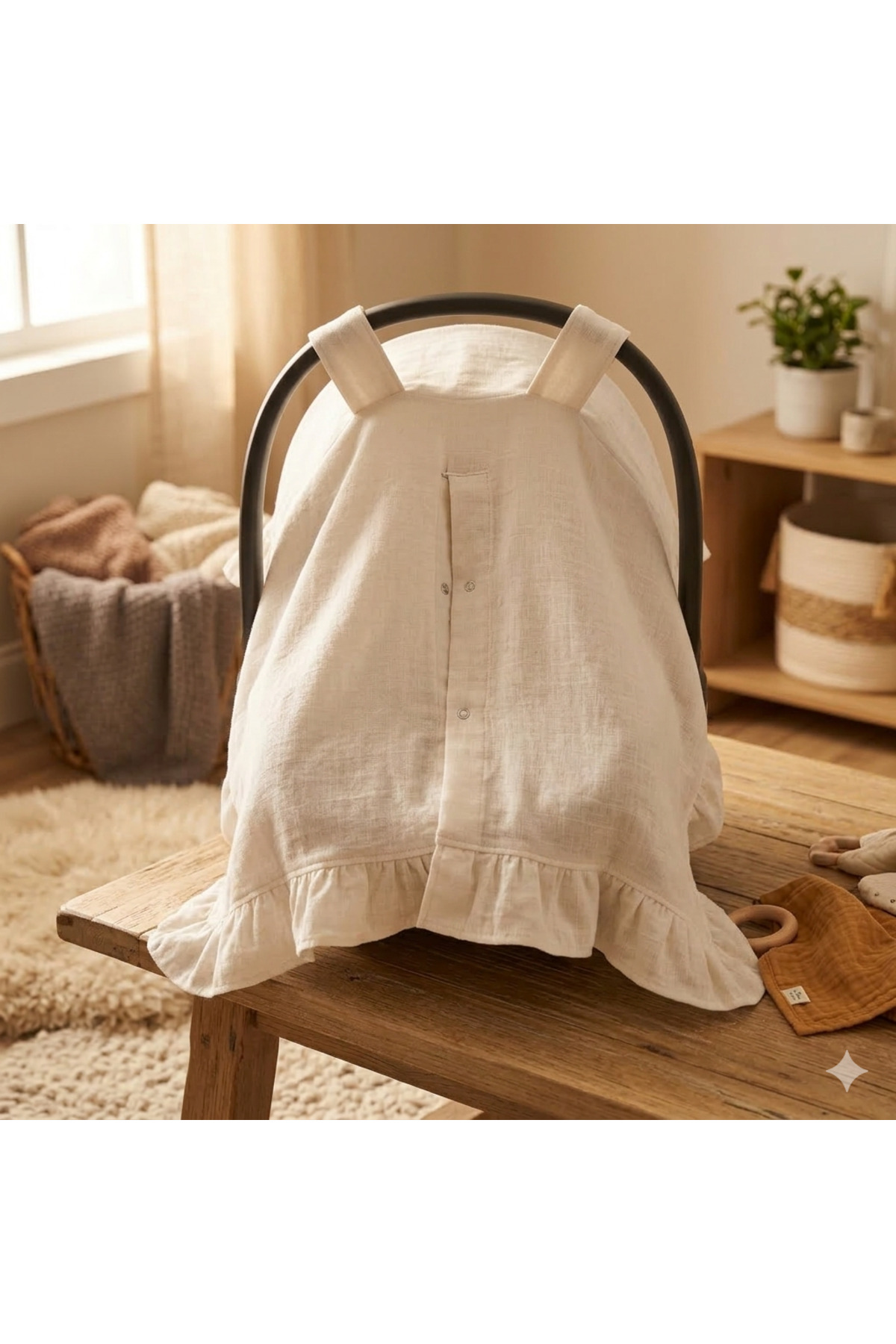 SerSev %100 Pamuk Müslin Kumaş Puset Örtüsü Çıt Çıt ve Fırfır Desenli Krem Rengi Puset Örtüsü fotoğrafı 2 (önizleme)