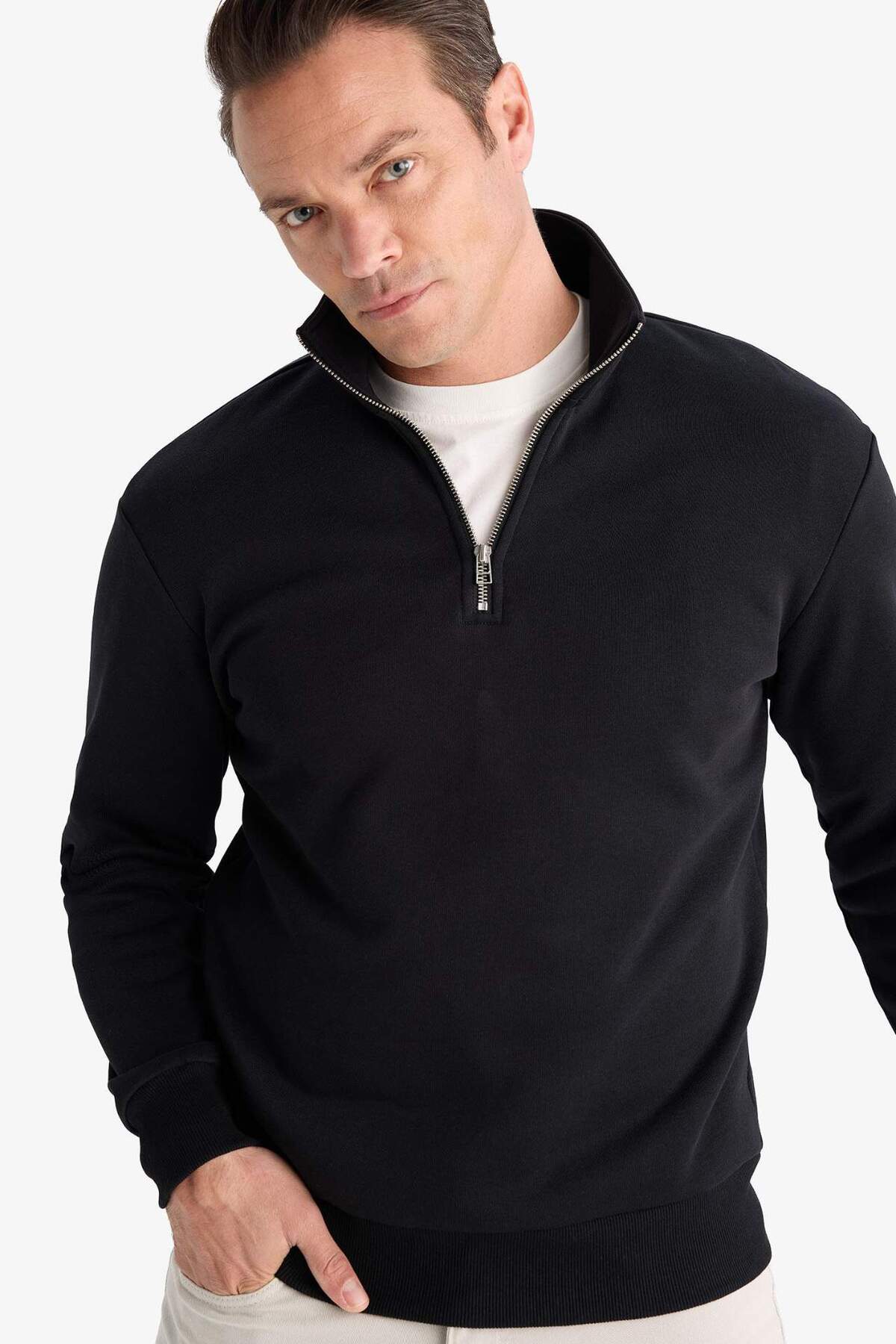 Defacto  Comfort Regular Fit Rahat Kalıp Fermuarlı Dik Yaka Basic Düz Sweatshirt X7405AZ22AU - Görsel 5