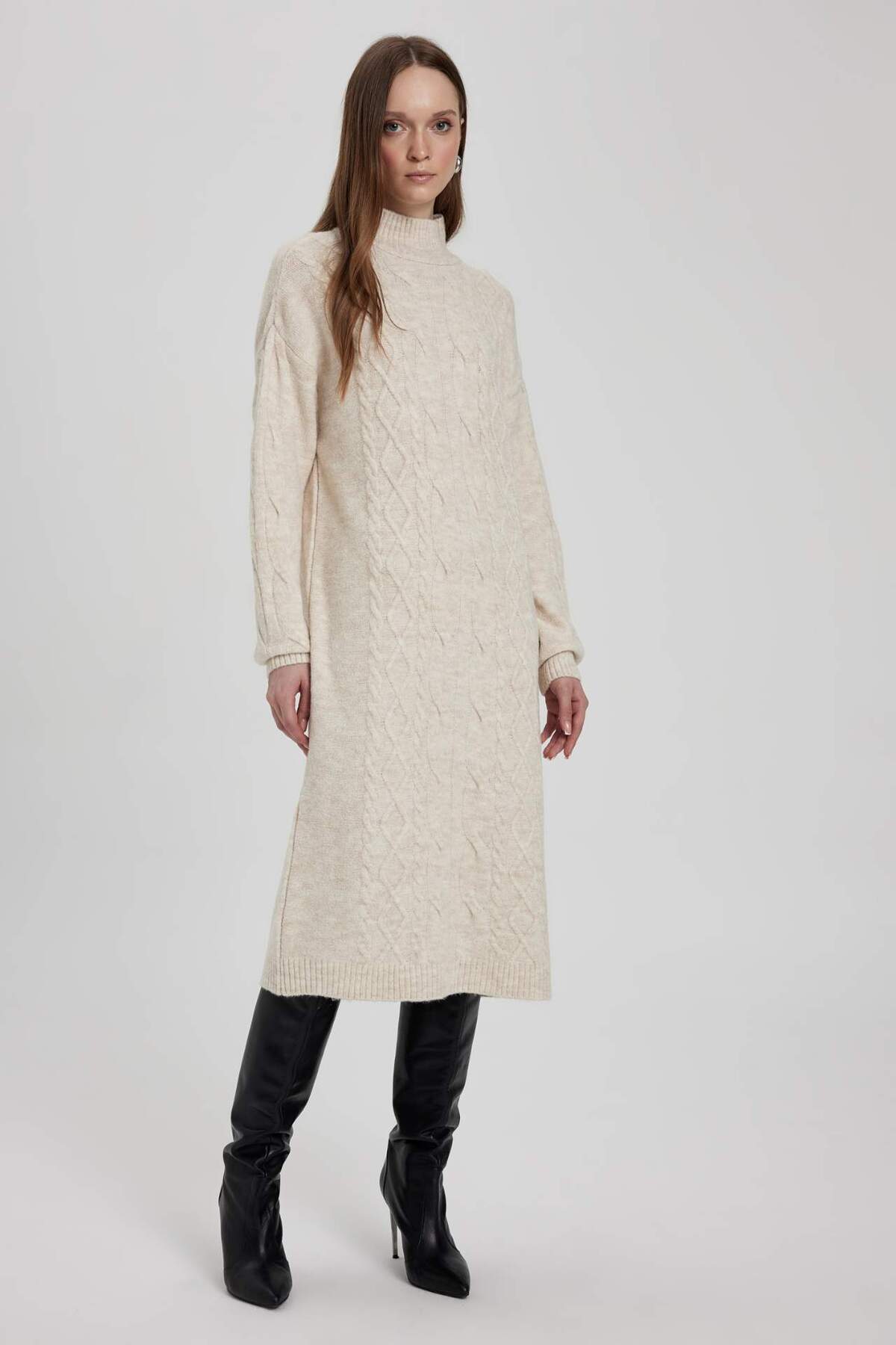 Regular Fit Turtleneck Mesh Patterned Midi Dress Y2073AZ22WN