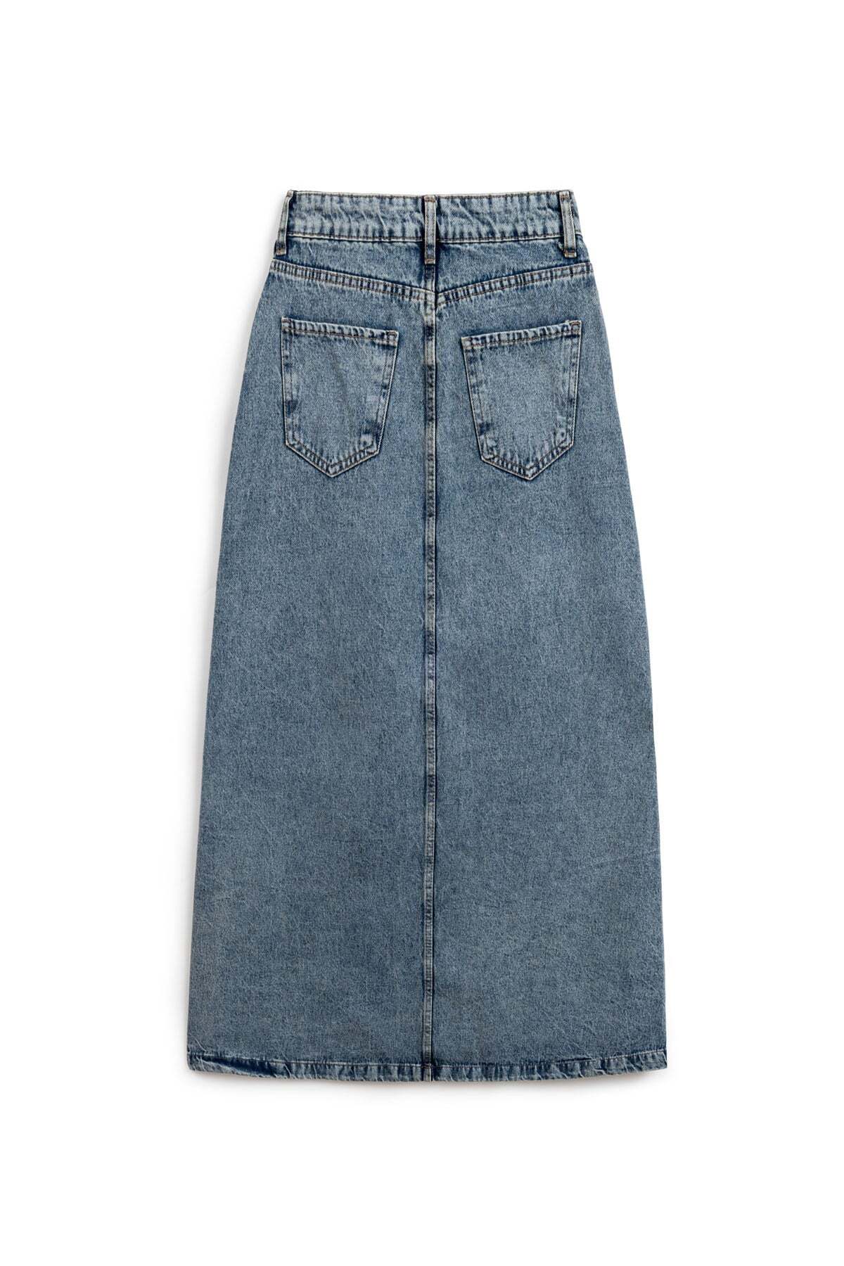 praye  Uzun Çan Denim Etek Eskitme Kot - Görsel 2