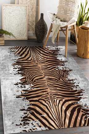 Frenda Home Zebra Desen Pamuk Taban Baskılı Halı Gri